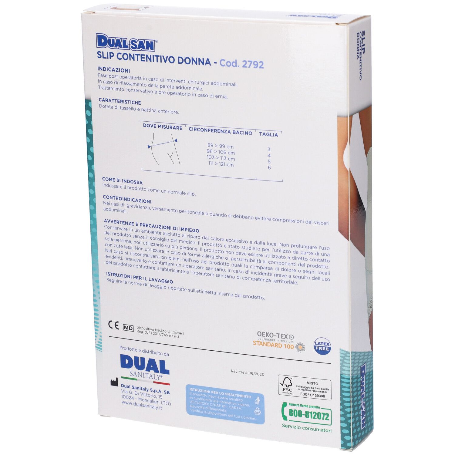 Rückseite der Verpackung: Damen-Slip zur Kompression, mit Größentabelle und Hinweisen.