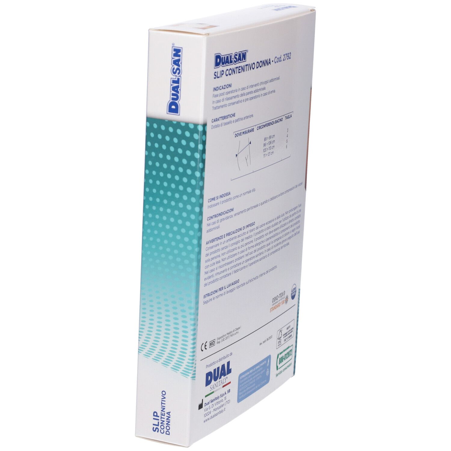 Rückseite der Verpackung: Damen-Slip zur Kompression, mit Größentabelle und Hinweisen.