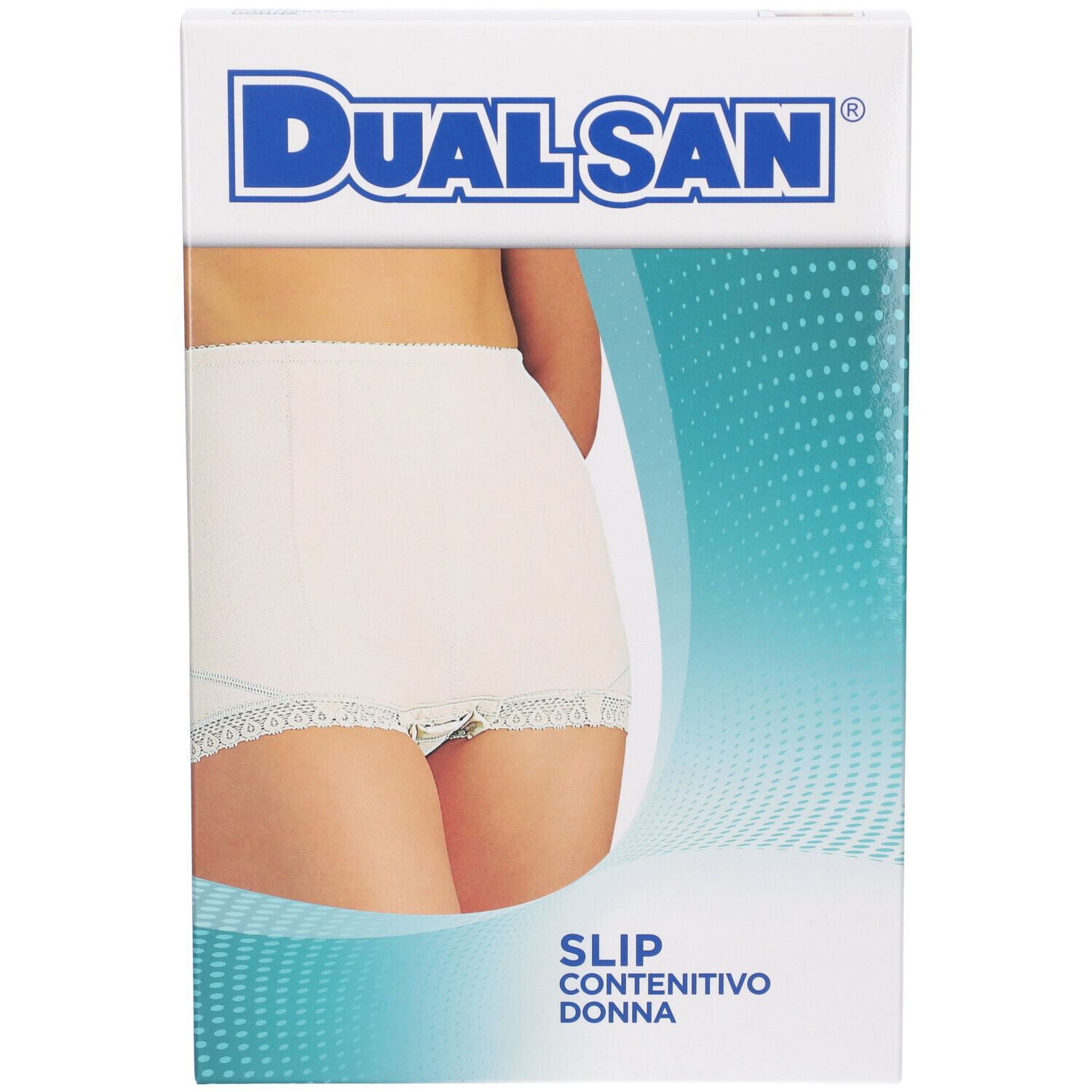 Verpackung mit Damen-Slip zur Kompression, weiß, mit Spitzenbesatz.