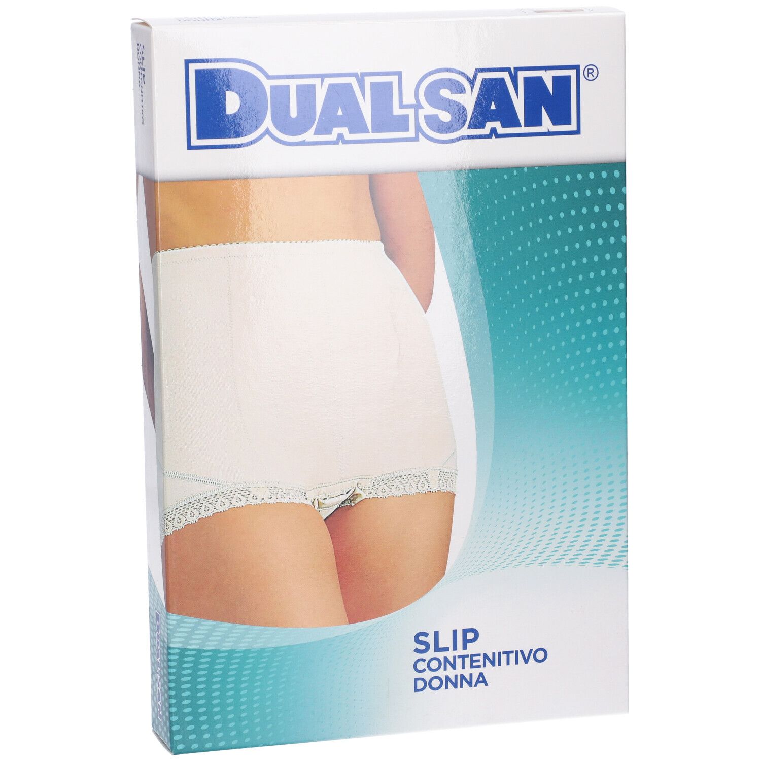 Verpackung mit Damen-Slip zur Kompression, weiß, mit Spitzenbesatz.