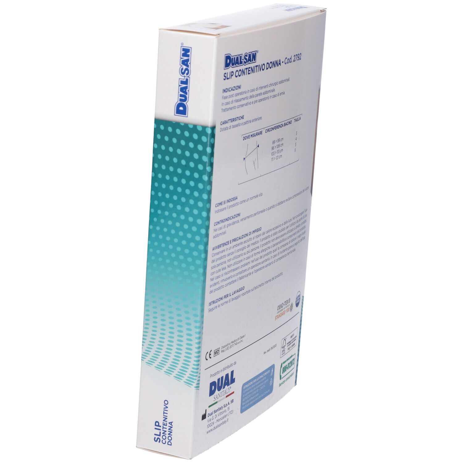 Seitenansicht der Verpackung für Damen-Inkontinenzslips mit Produktinformationen.