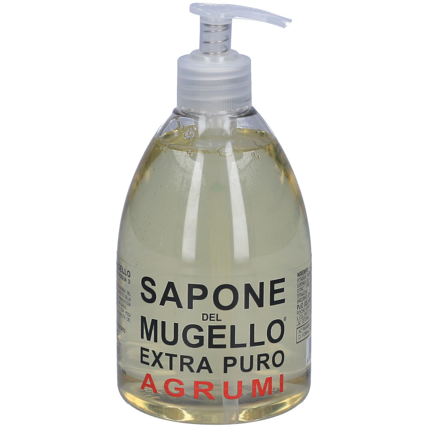Flacone trasparente con dosatore. Scritta: Sapone Del Mugello Extra Puro Agrumi.