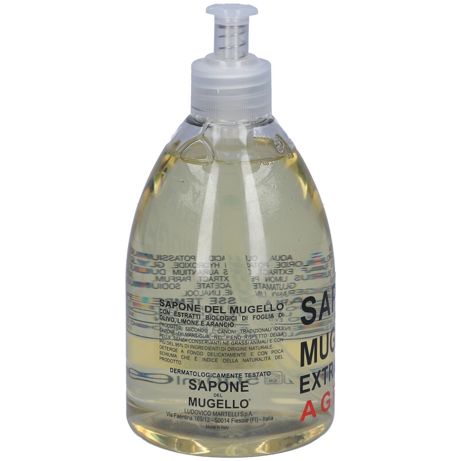 Flacone trasparente con dosatore. Scritta: Sapone Del Mugello Extra Puro Agrumi. Testo sul retro.