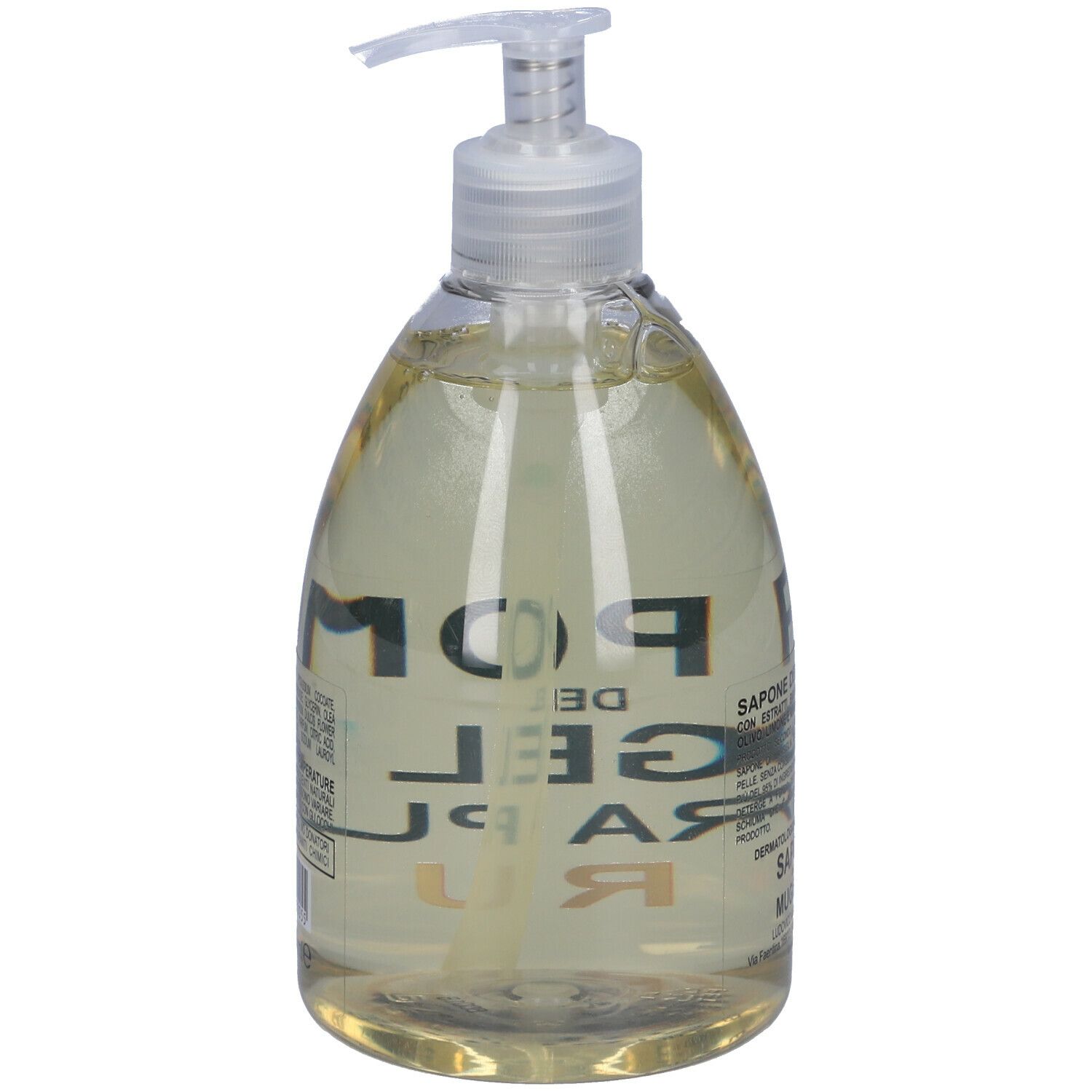 Flacone trasparente con dosatore. Scritta: Sapone Del Mugello Extra Puro. Testo sul retro.