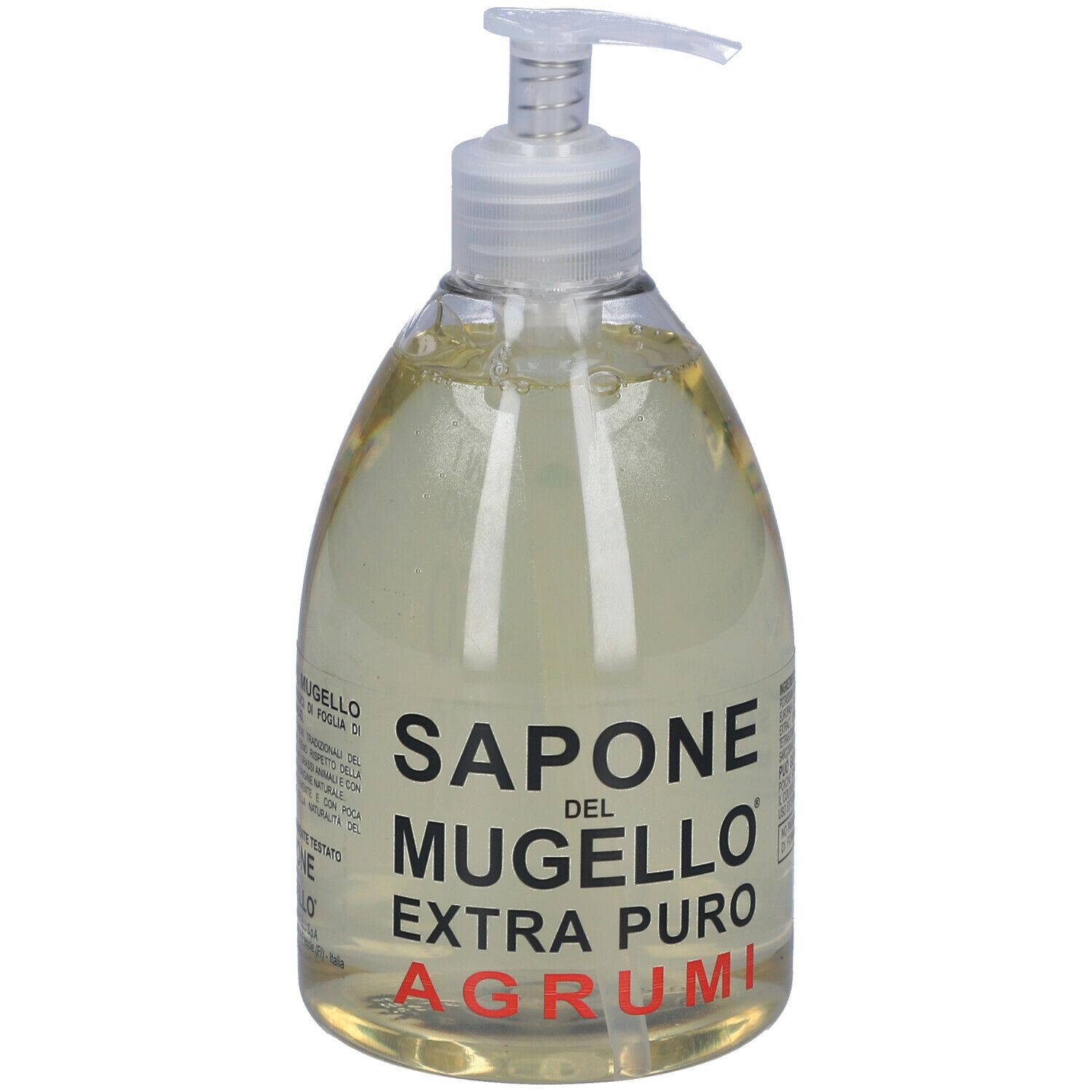 Flacone trasparente con dosatore. Scritta: Sapone Del Mugello Extra Puro Agrumi.