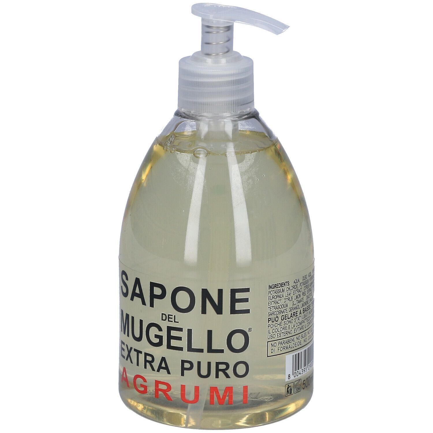 Flacone trasparente con dosatore. Scritta: Sapone Del Mugello Extra Puro Agrumi. Testo sul retro.