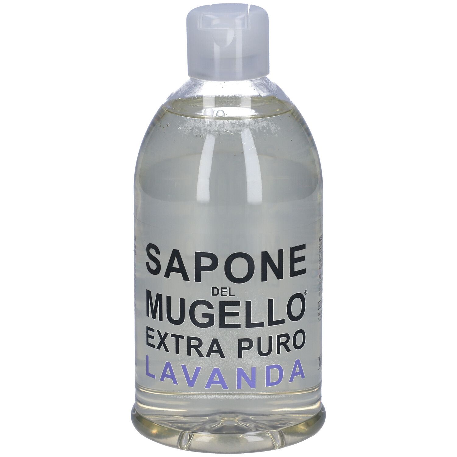 Liquido trasparente in bottiglia con tappo bianco. Scritta: SAPONE DEL MUGELLO EXTRA PURO LAVANDA.