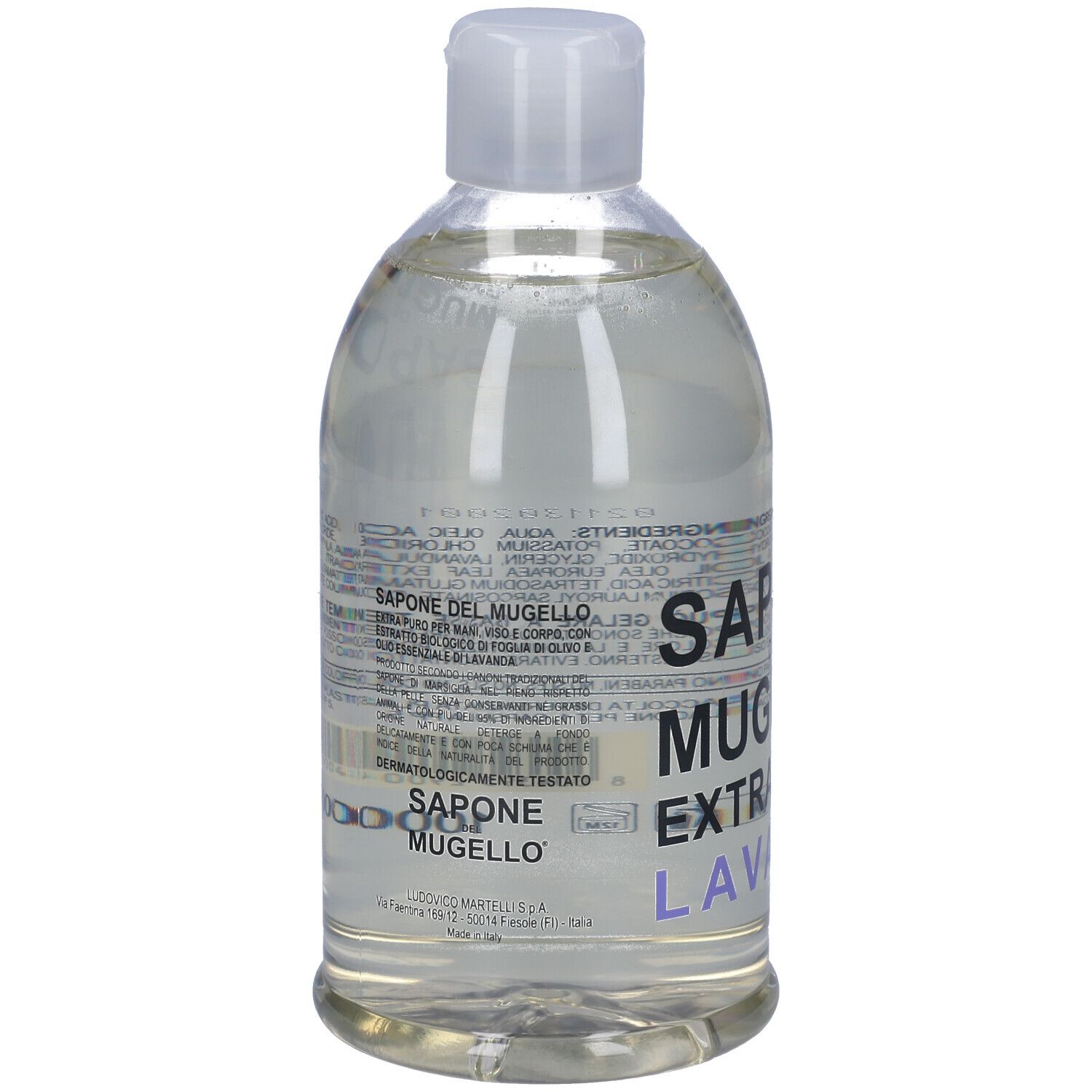 Retro di una bottiglia di liquido trasparente con tappo bianco. Testo: SAPONE DEL MUGELLO, ingredienti e altre informazioni.
