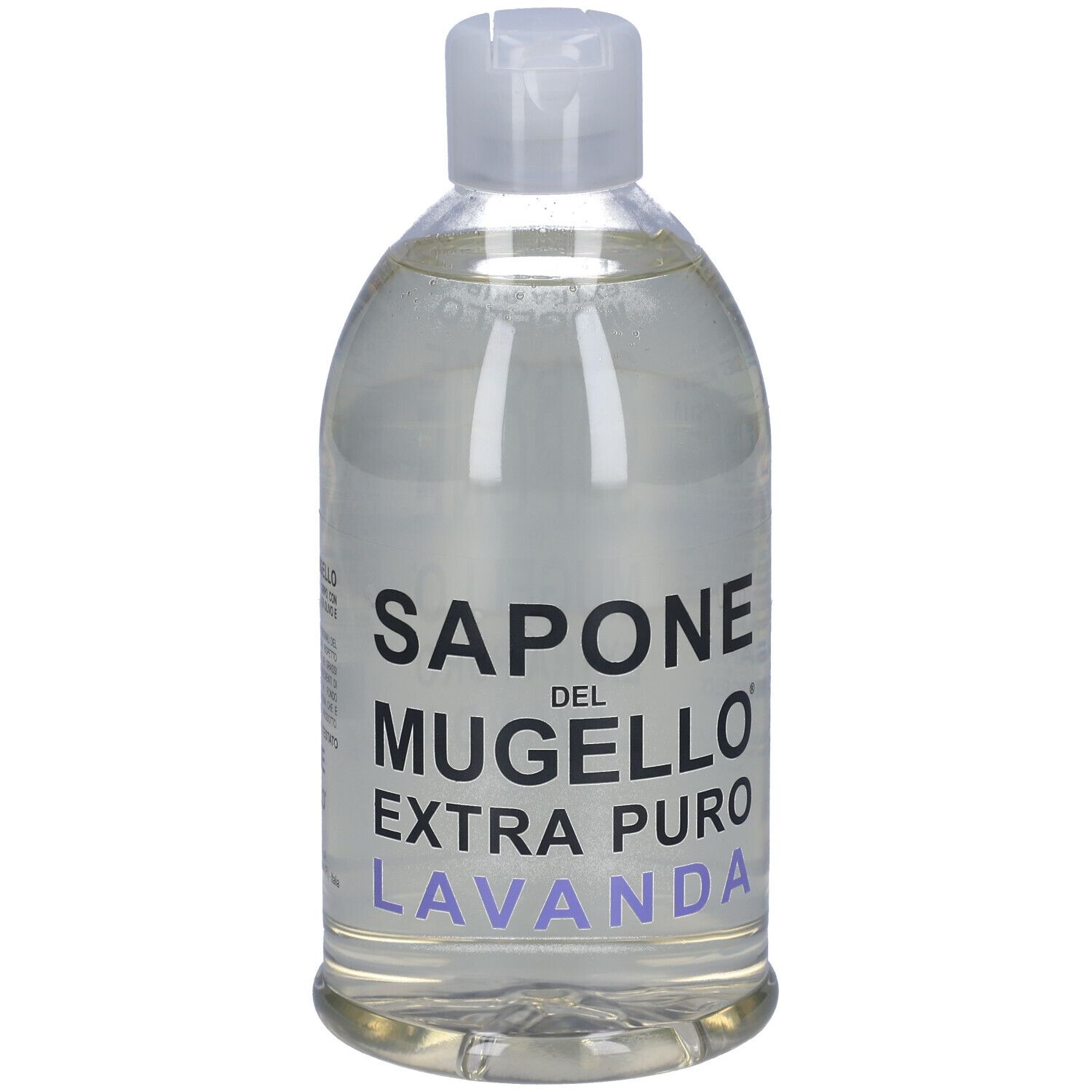 Liquido trasparente in bottiglia con tappo bianco. Scritta: SAPONE DEL MUGELLO EXTRA PURO LAVANDA.