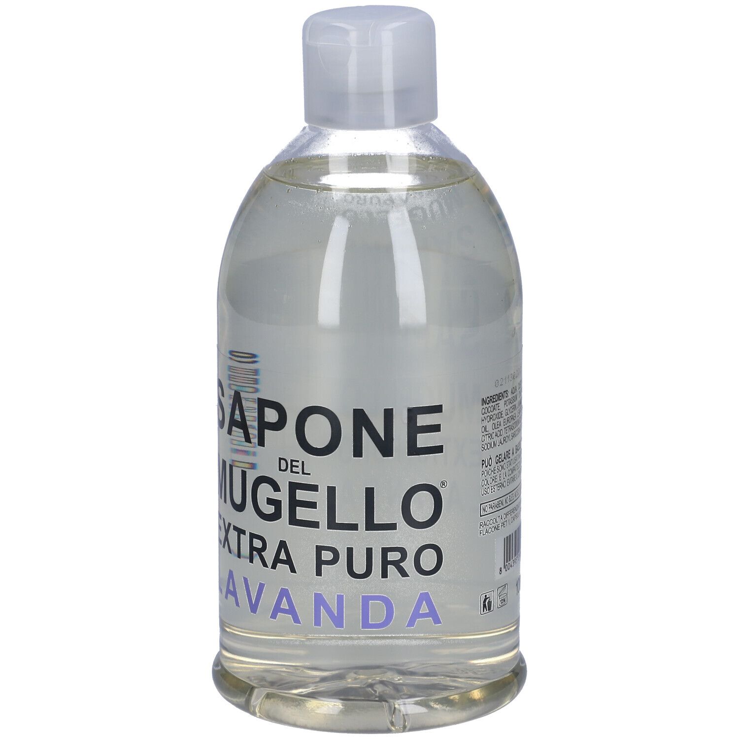 Liquido trasparente in bottiglia con tappo bianco. Scritta: SAPONE DEL MUGELLO EXTRA PURO LAVANDA.