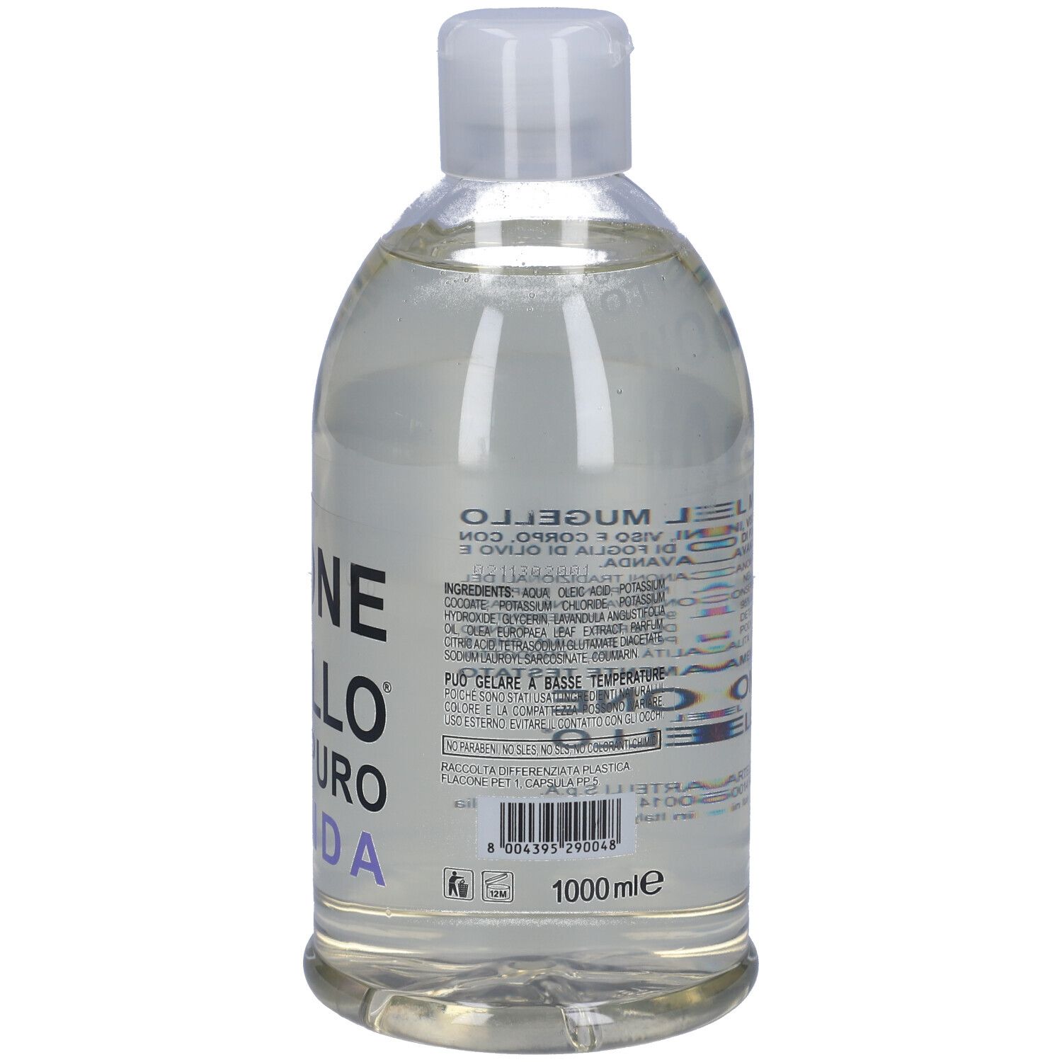 Retro di una bottiglia di liquido trasparente con tappo bianco. Testo: SAPONE DEL MUGELLO, ingredienti e altre informazioni. 1000ml.