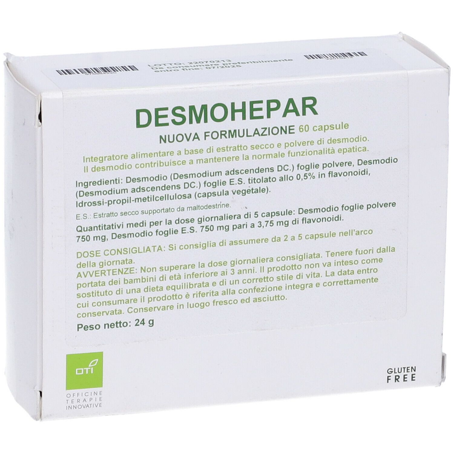 Scatola bianca con testo. Scritto: Desmohepar, 60 capsule. Logo in alto a sinistra. Indicazione senza glutine.