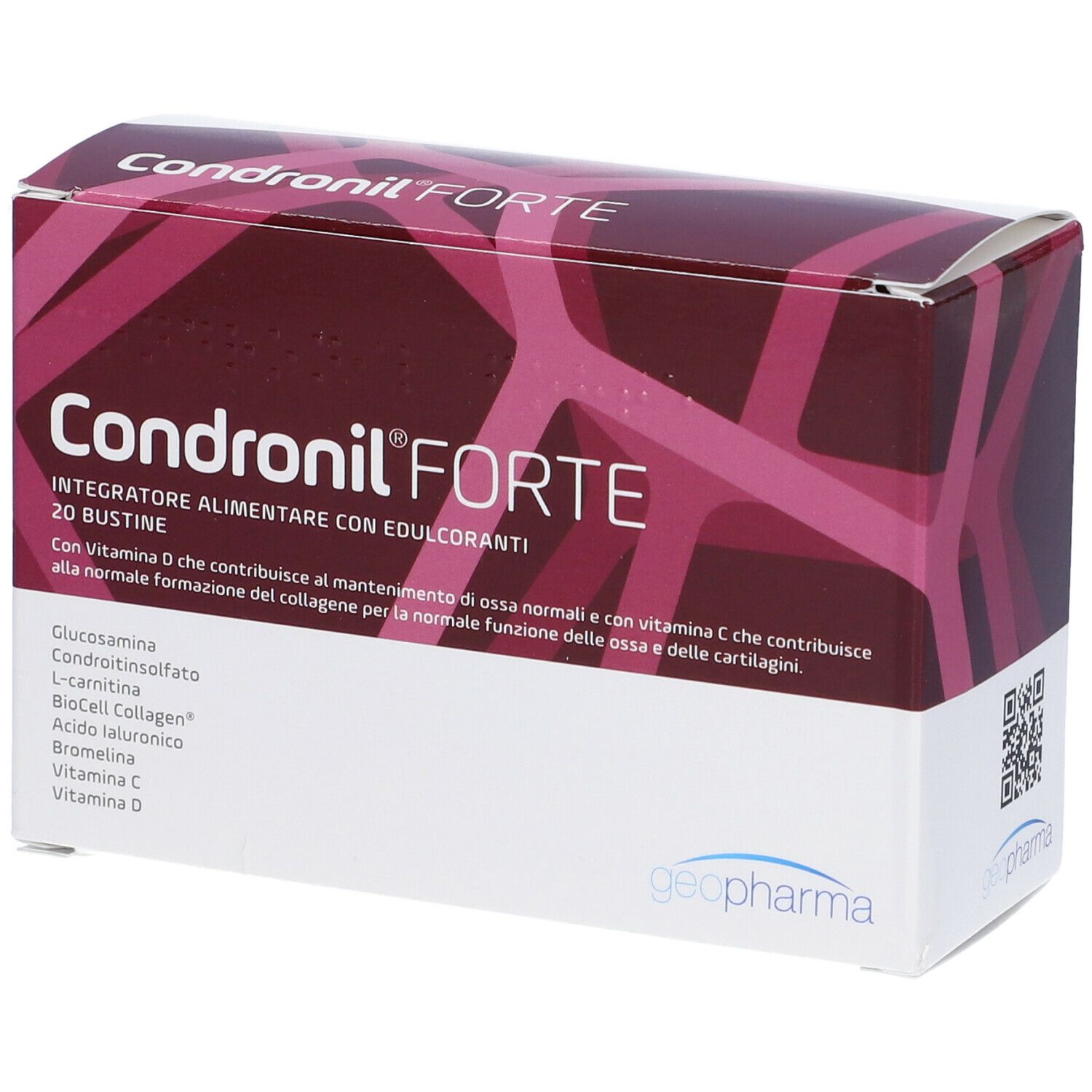 Geopharma Condronil® FORTE-Verpackung. Weiß-rot-Design. Text: Condronil® FORTE, 20 Beutel, Inhaltsstoffe.
