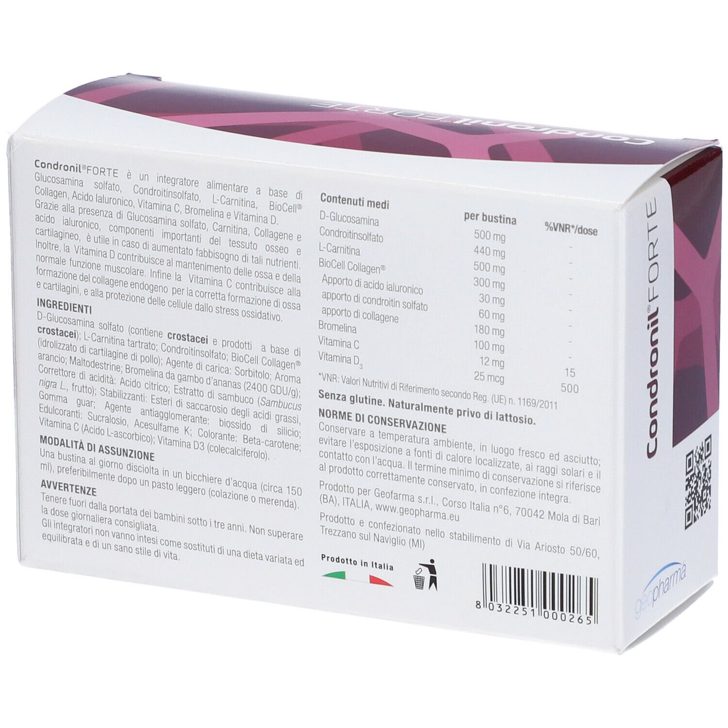 Geopharma Condronil® FORTE-Verpackung. Rückseite. Text: Inhaltsstoffe, Nährwertangaben, Herstellerinformationen.