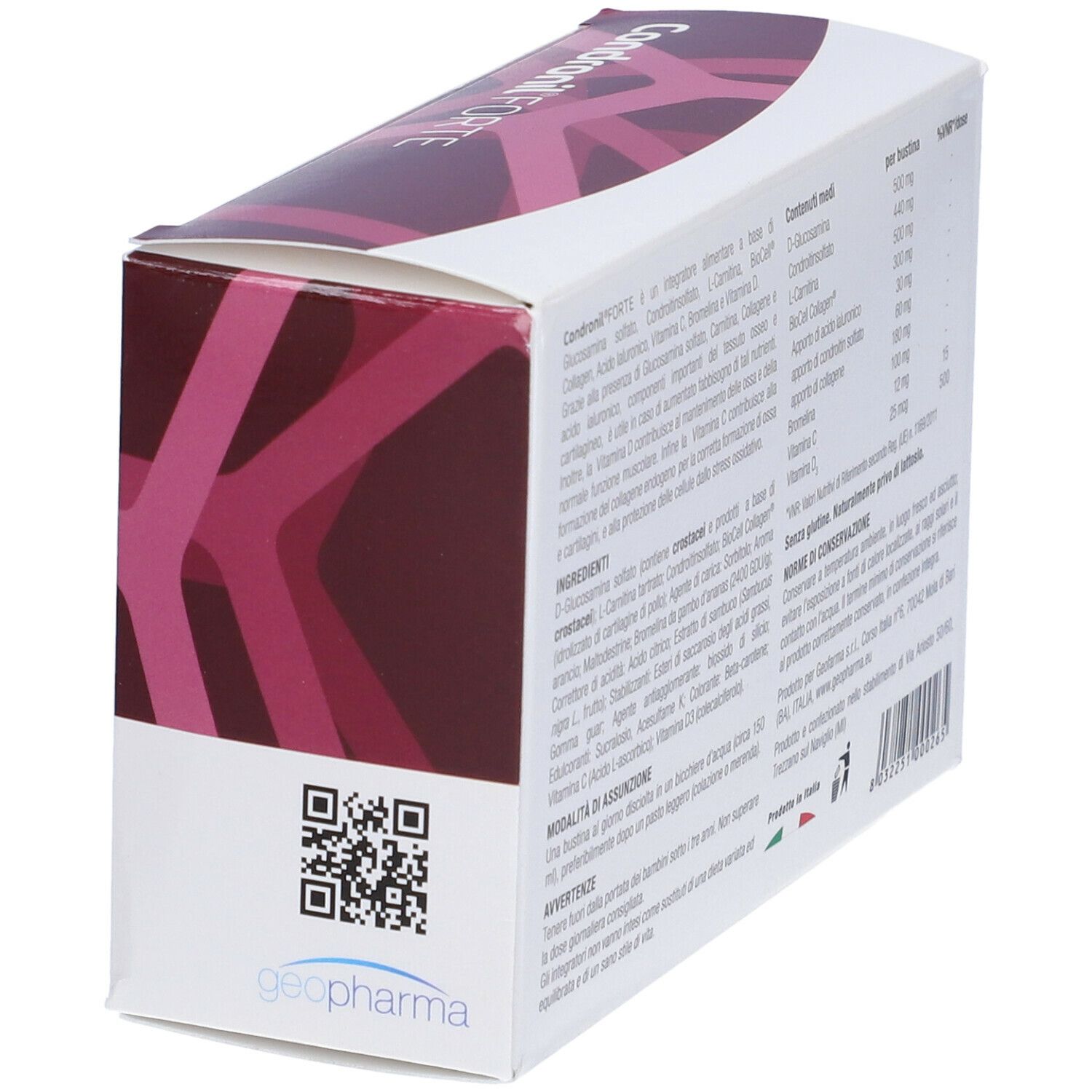 Geopharma Condronil® FORTE-Verpackung. Schrägansicht. Text: Inhaltsstoffe, Nährwertangaben, Herstellerinformationen.