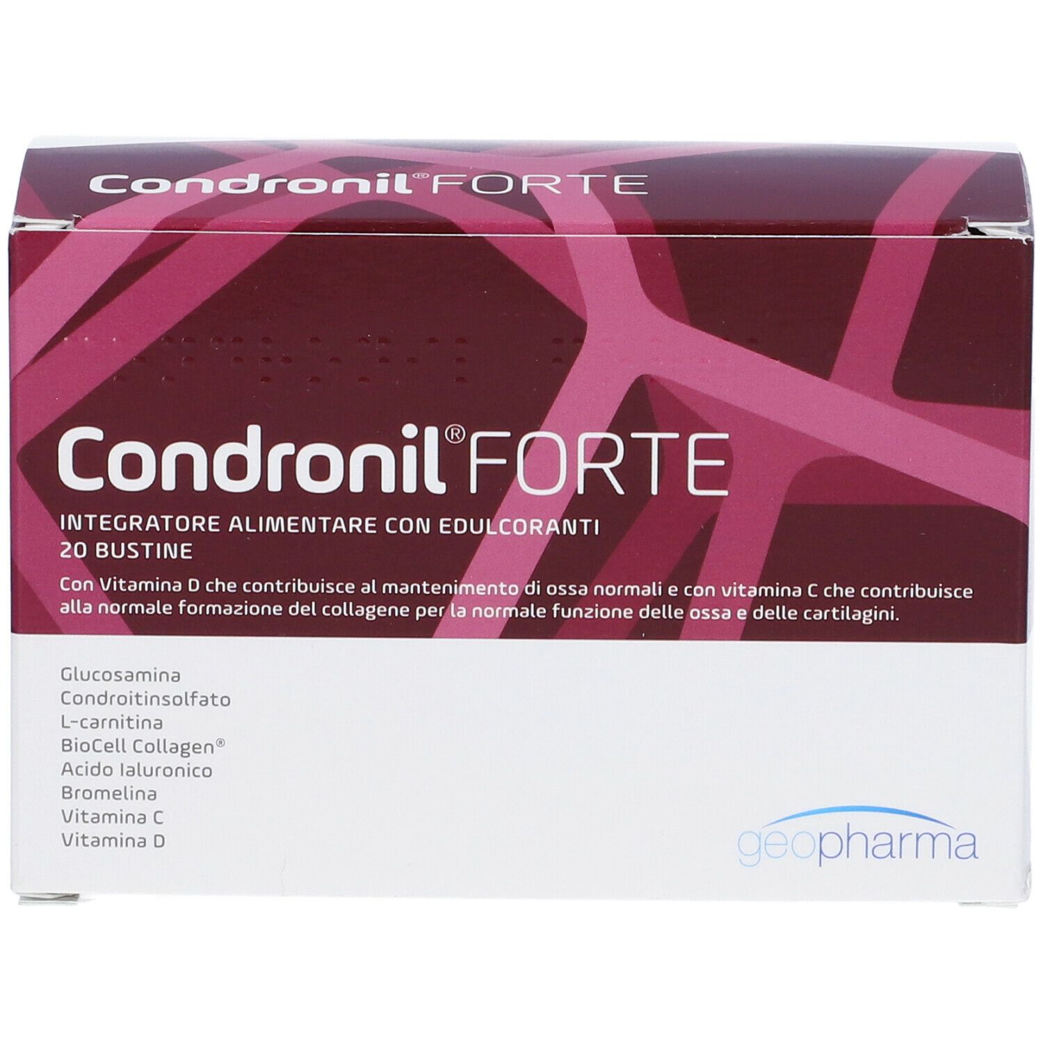 Geopharma Condronil® FORTE-Verpackung. Weiß-rot-Design. Text: Condronil® FORTE, 20 Beutel, Inhaltsstoffe.