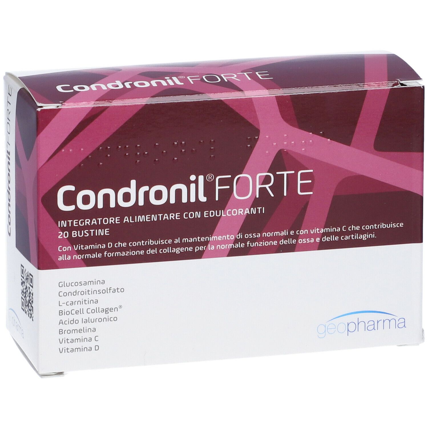Geopharma Condronil® FORTE-Verpackung. Weiß-rot-Design. Text: Condronil® FORTE, 20 Beutel, Inhaltsstoffe.