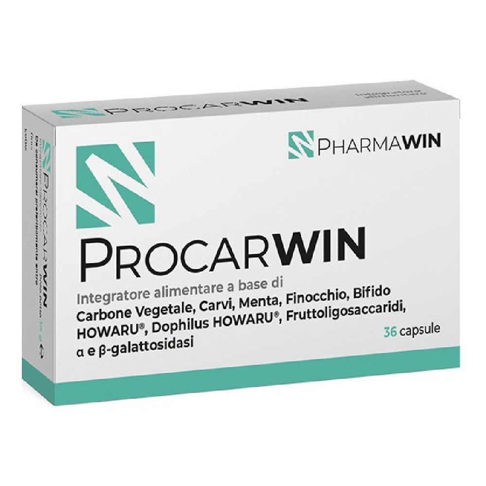 Scatola bianca con scritto "PROCARWIN" e "PHARMAWIN". Contiene 36 capsule. Scritto: Integratore alimentare a base di...