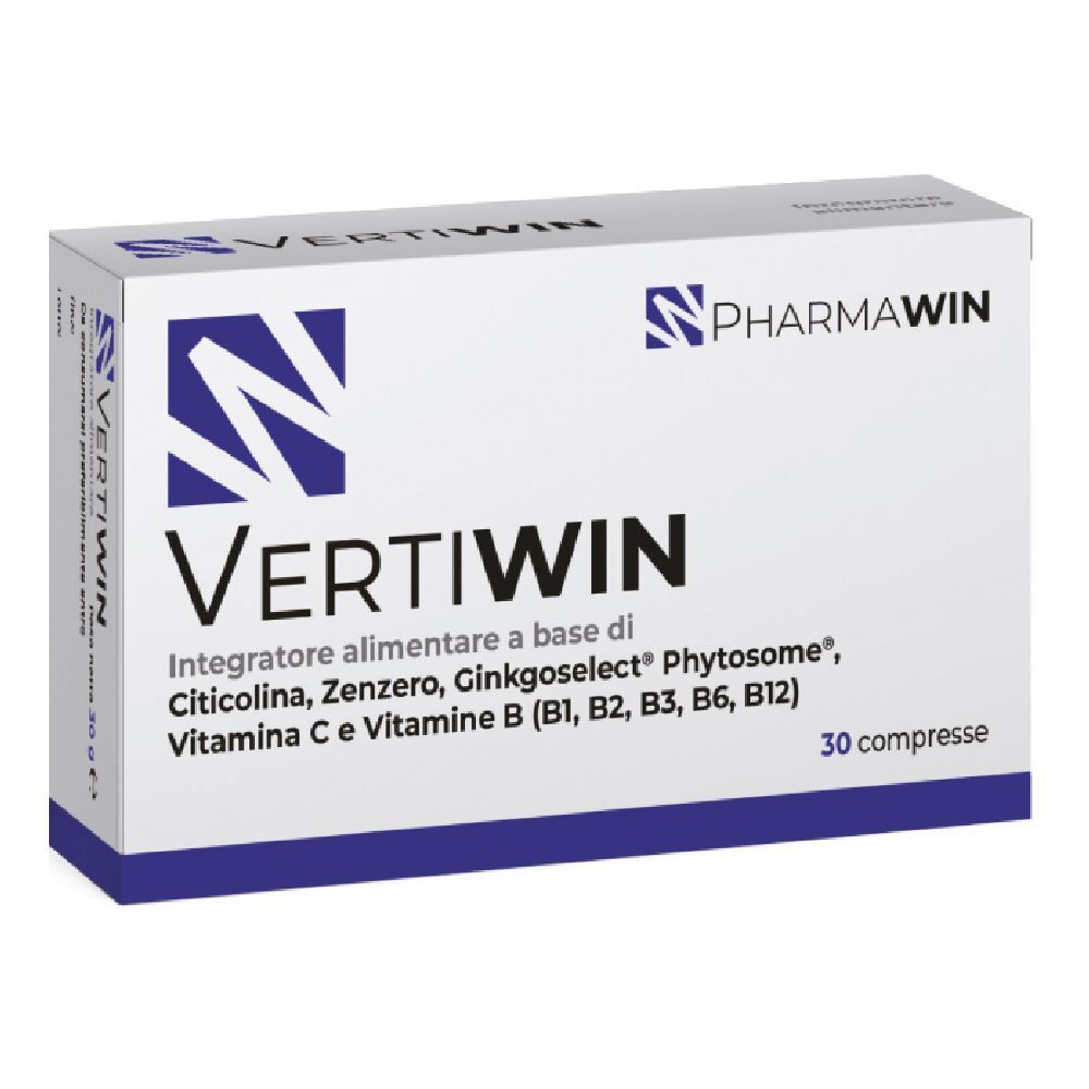 Scatola bianca con testo blu. Scritto: Vertiwin, Pharmawin. Contiene 30 compresse. Ingredienti: Citicolina, Zenzero, Ginkgoselect, Vitamine.