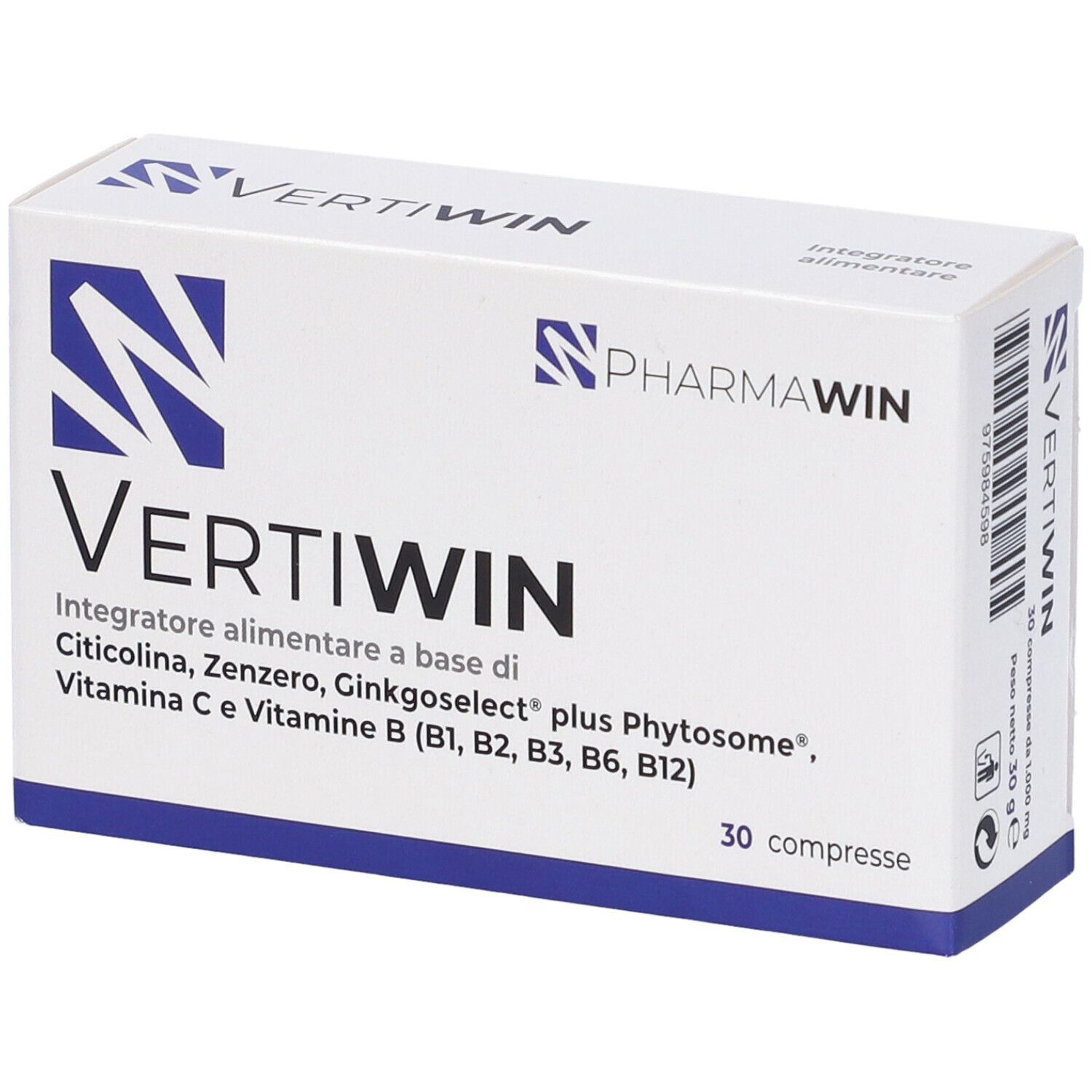 Scatola bianca con testo blu. Scritto: Vertiwin, Pharmawin. Contiene 30 compresse. Ingredienti: Citicolina, Zenzero, Ginkgoselect, Vitamine.