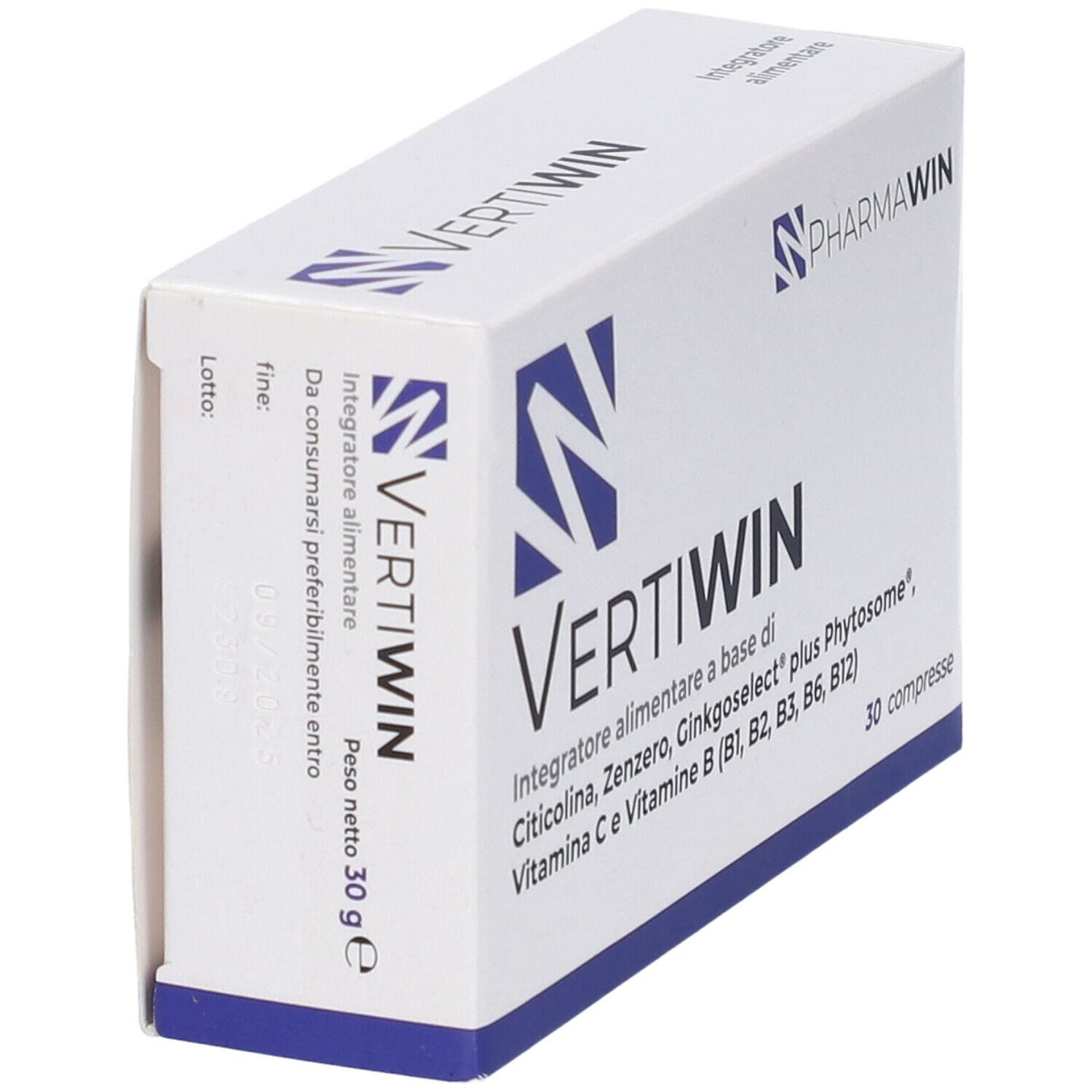 Scatola bianca con testo blu. Scritto: Vertiwin, Pharmawin. Contiene 30 compresse. Ingredienti: Citicolina, Zenzero, Ginkgoselect, Vitamine.