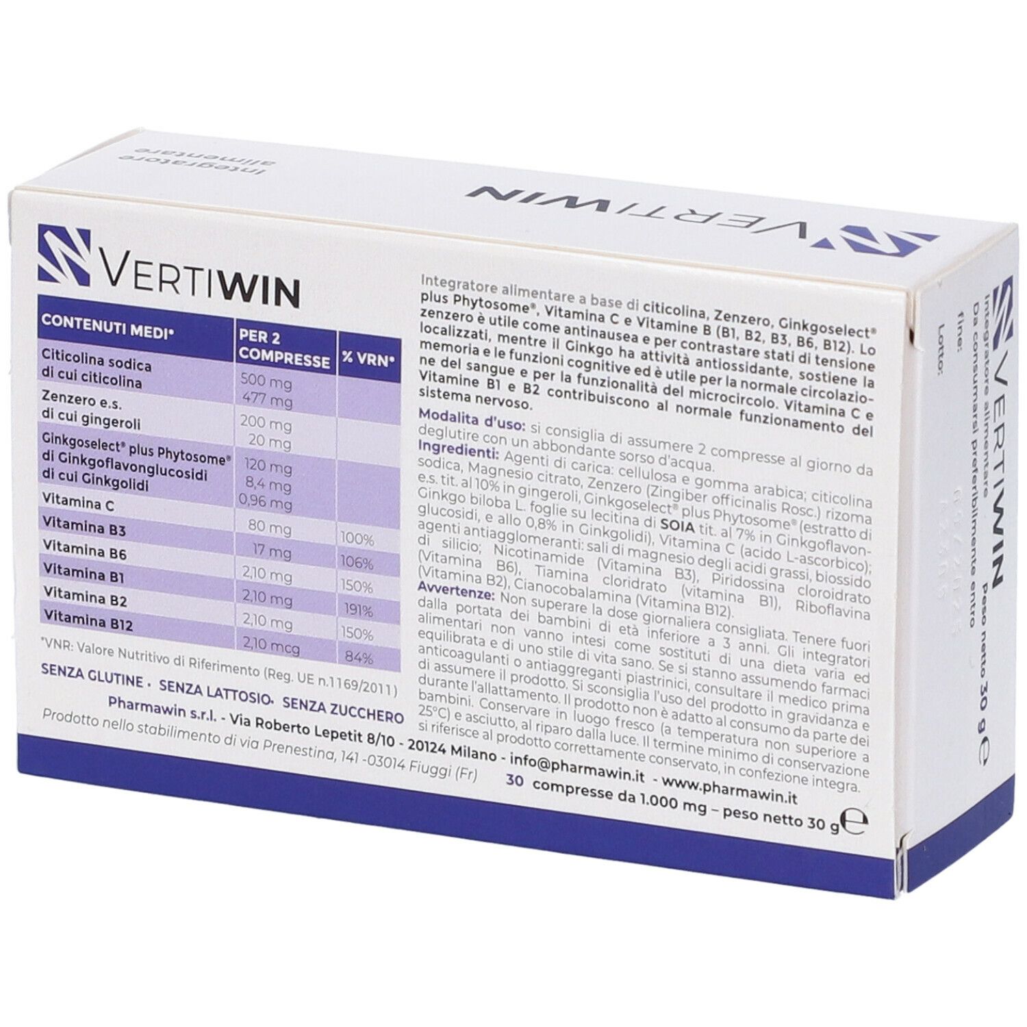 Retro della scatola bianca. Contiene informazioni sugli ingredienti e sui valori nutrizionali. Scritto: Vertiwin, Pharmawin. Peso: 30 g.