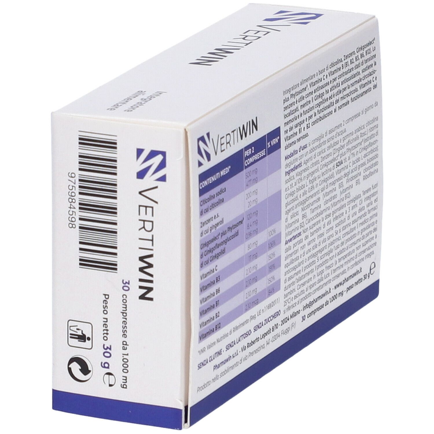 Retro della scatola bianca. Contiene informazioni sugli ingredienti e sui valori nutrizionali. Scritto: Vertiwin, Pharmawin. Peso: 30 g.