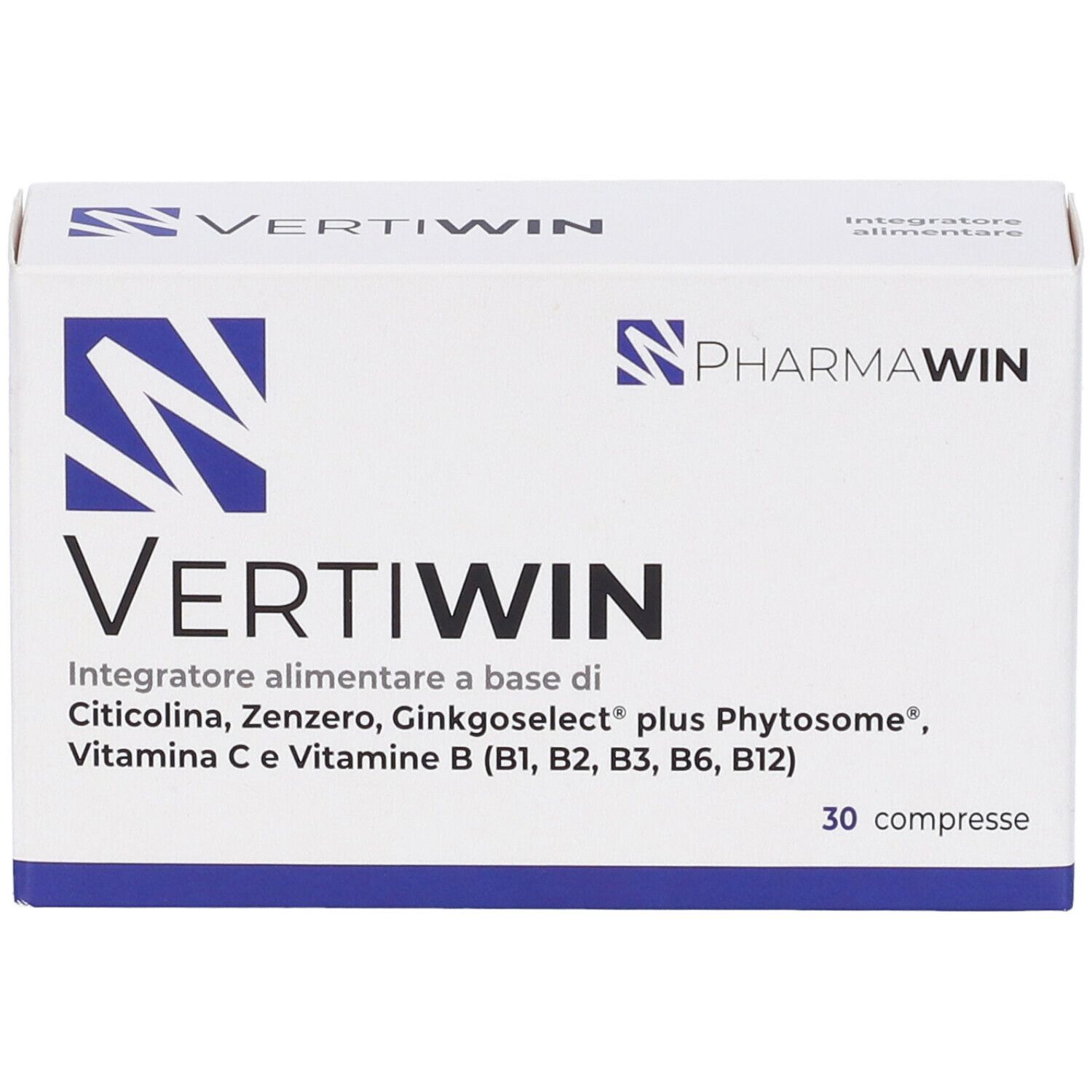 Scatola bianca con testo blu. Scritto: Vertiwin, Pharmawin. Contiene 30 compresse. Ingredienti: Citicolina, Zenzero, Ginkgoselect, Vitamine.