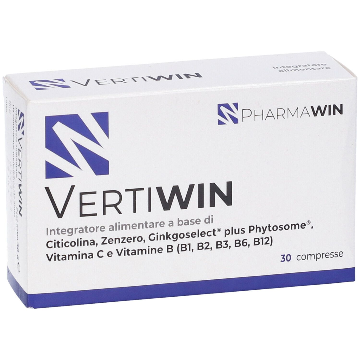 Scatola bianca con testo blu. Scritto: Vertiwin, Pharmawin. Contiene 30 compresse. Ingredienti: Citicolina, Zenzero, Ginkgoselect, Vitamine.