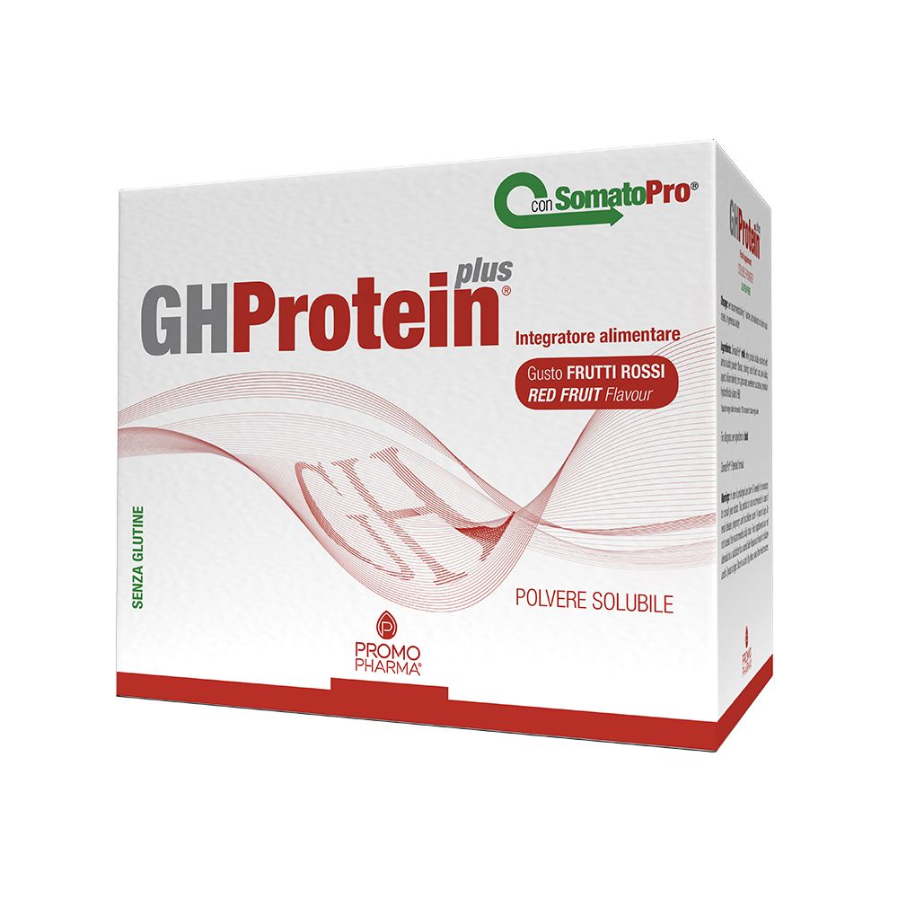 PromoPharma® GH Protein Plus® Frutti Rossi. Scatola bianca con nome e logo. Accenti rossi. "Senza glutine".