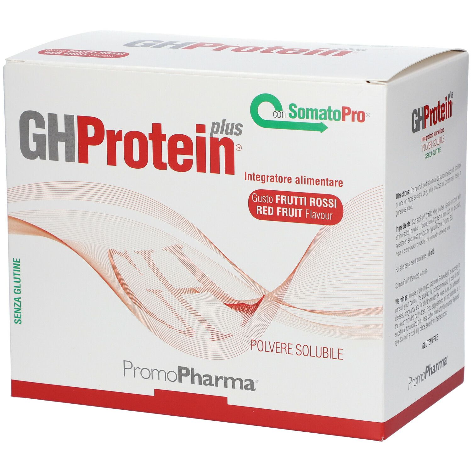 PromoPharma® GH Protein Plus® Frutti Rossi. Scatola bianca, cornice rossa. Nome, logo e testo. "Senza glutine".