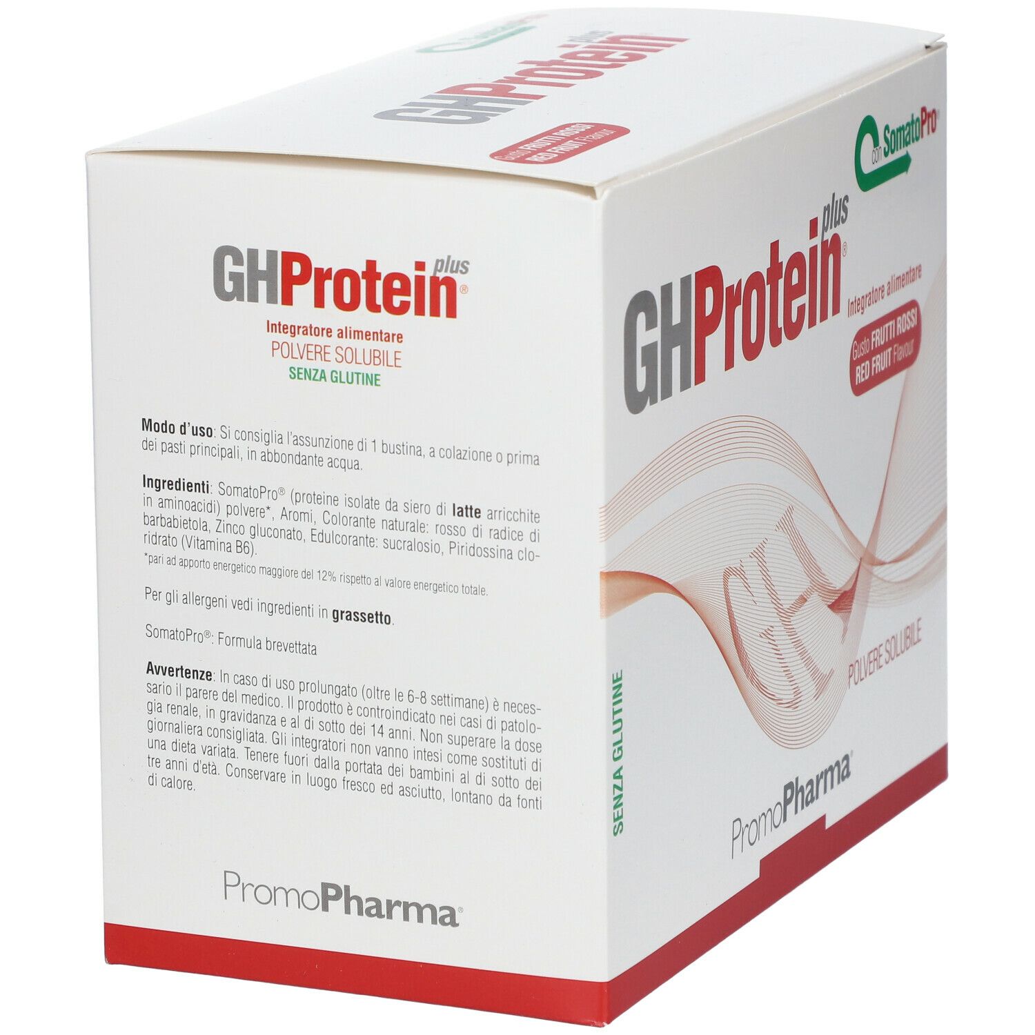 PromoPharma® GH Protein Plus® Frutti Rossi. Confezione. Retro con testo. "Senza glutine".