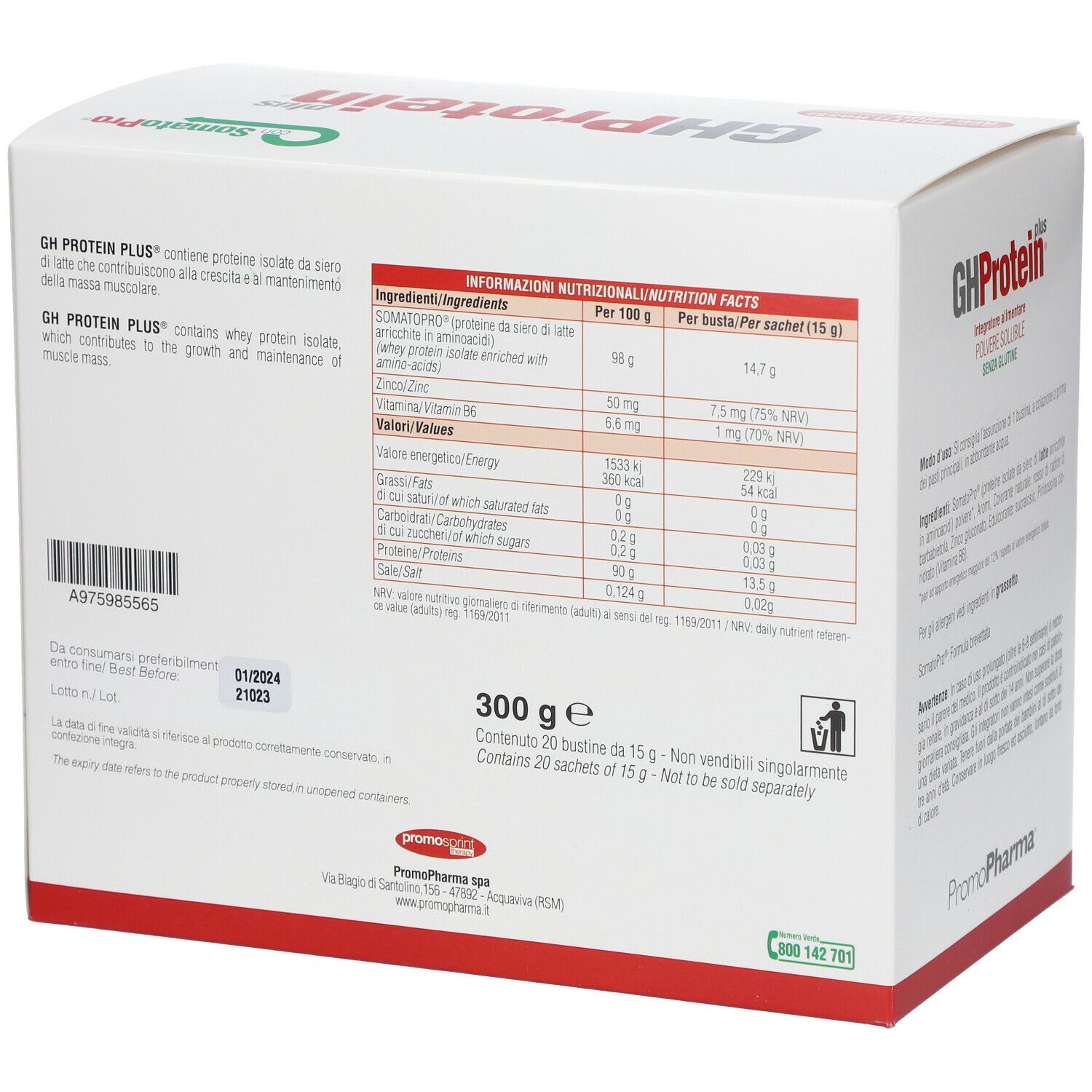 PromoPharma® GH Protein Plus® Frutti Rossi. Confezione, retro. Valori nutrizionali, ingredienti, testo. 300g.