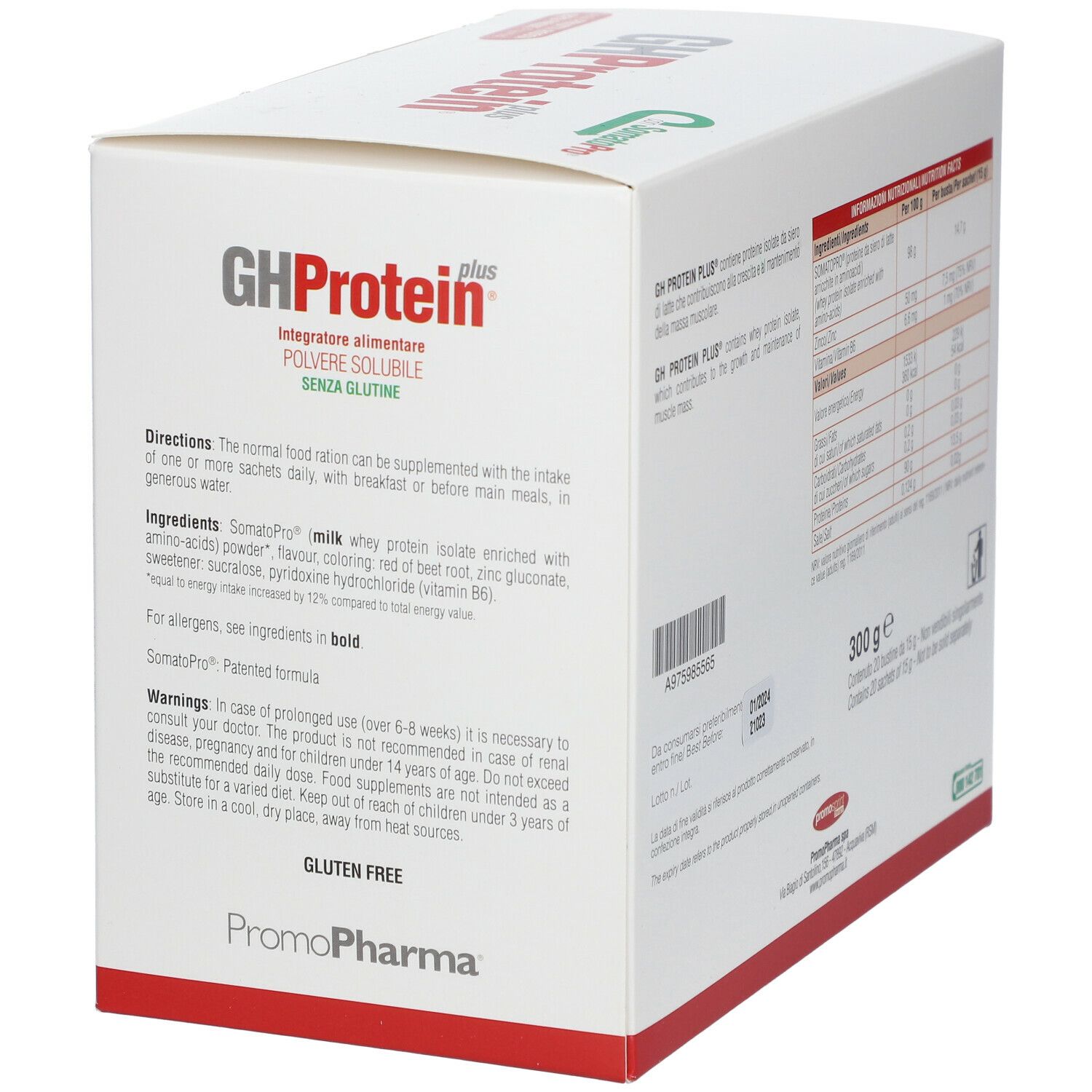 PromoPharma® GH Protein Plus® Frutti Rossi. Confezione, retro. Testo, ingredienti, senza glutine. 300g.