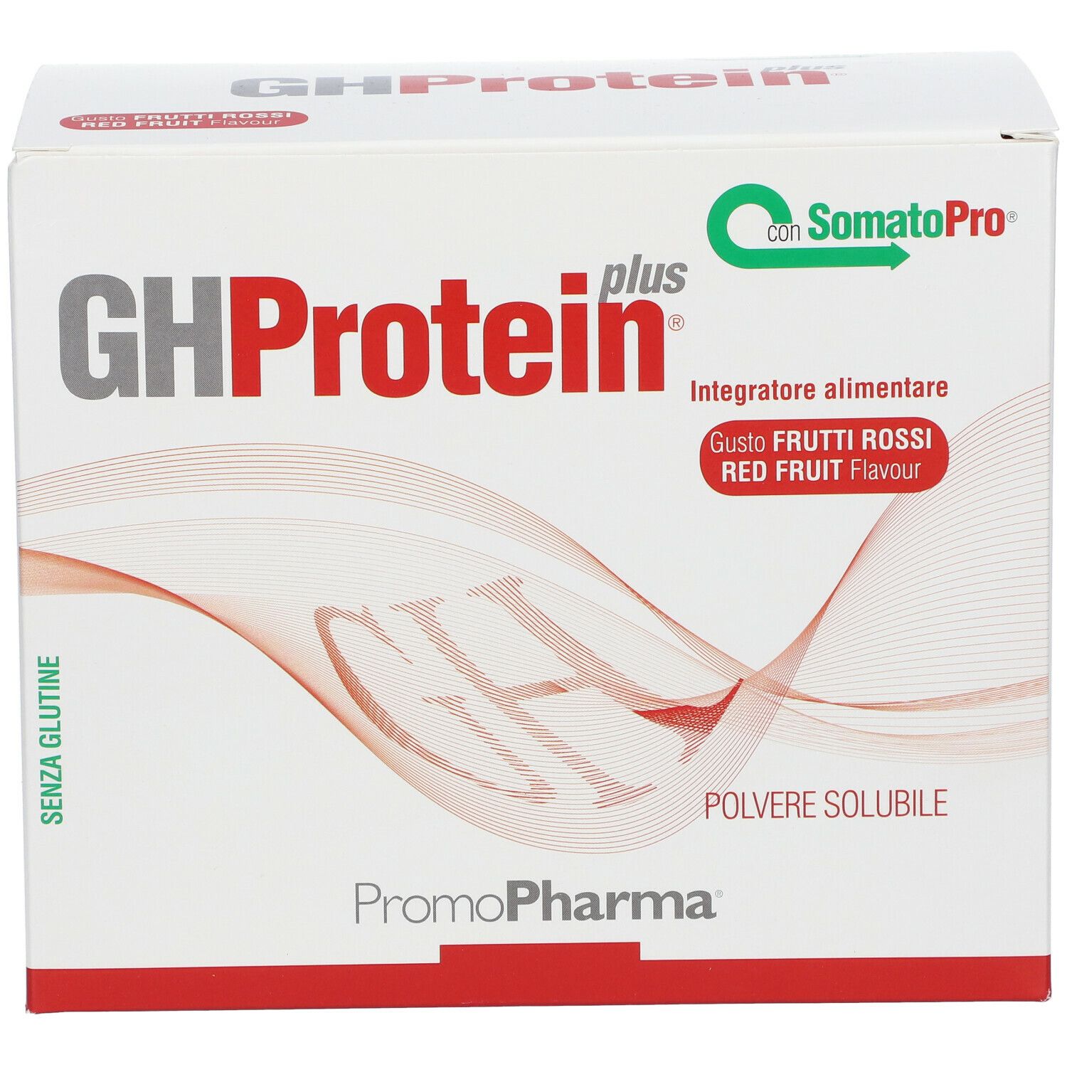 PromoPharma® GH Protein Plus® Frutti Rossi. Scatola bianca con nome e logo. Accenti rossi. "Senza glutine".