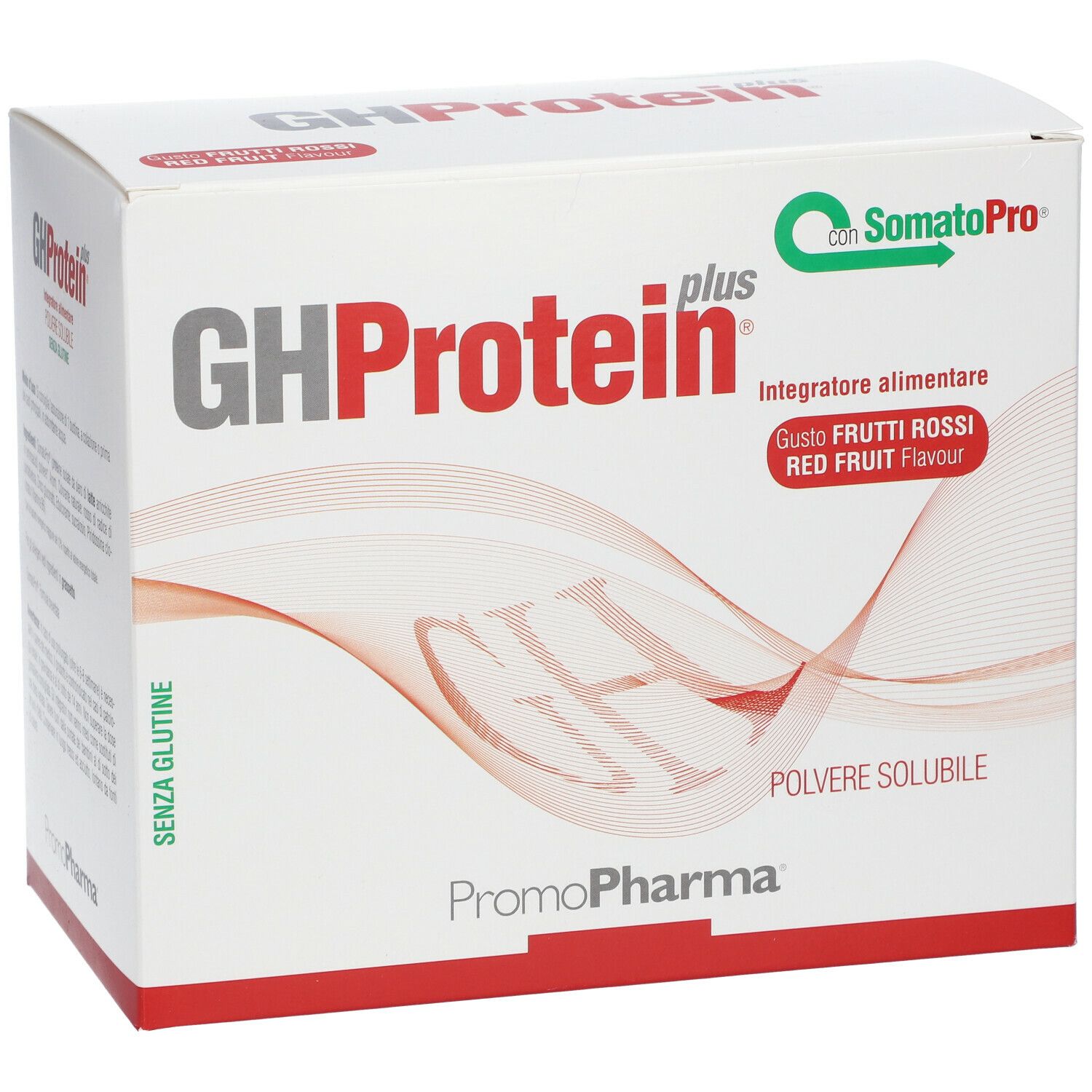 PromoPharma® GH Protein Plus® Frutti Rossi. Scatola bianca con nome e logo. Accenti rossi. "Senza glutine".
