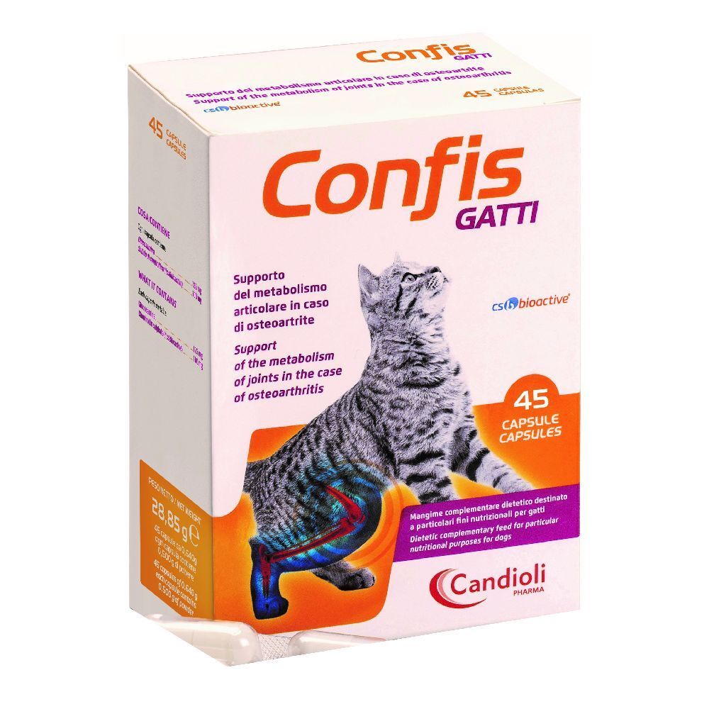 Karton mit Produktabbildung. Aufschrift: Confis Gatti, 45 Kapseln. Abbildung einer Katze mit hervorgehobenen Gelenken.