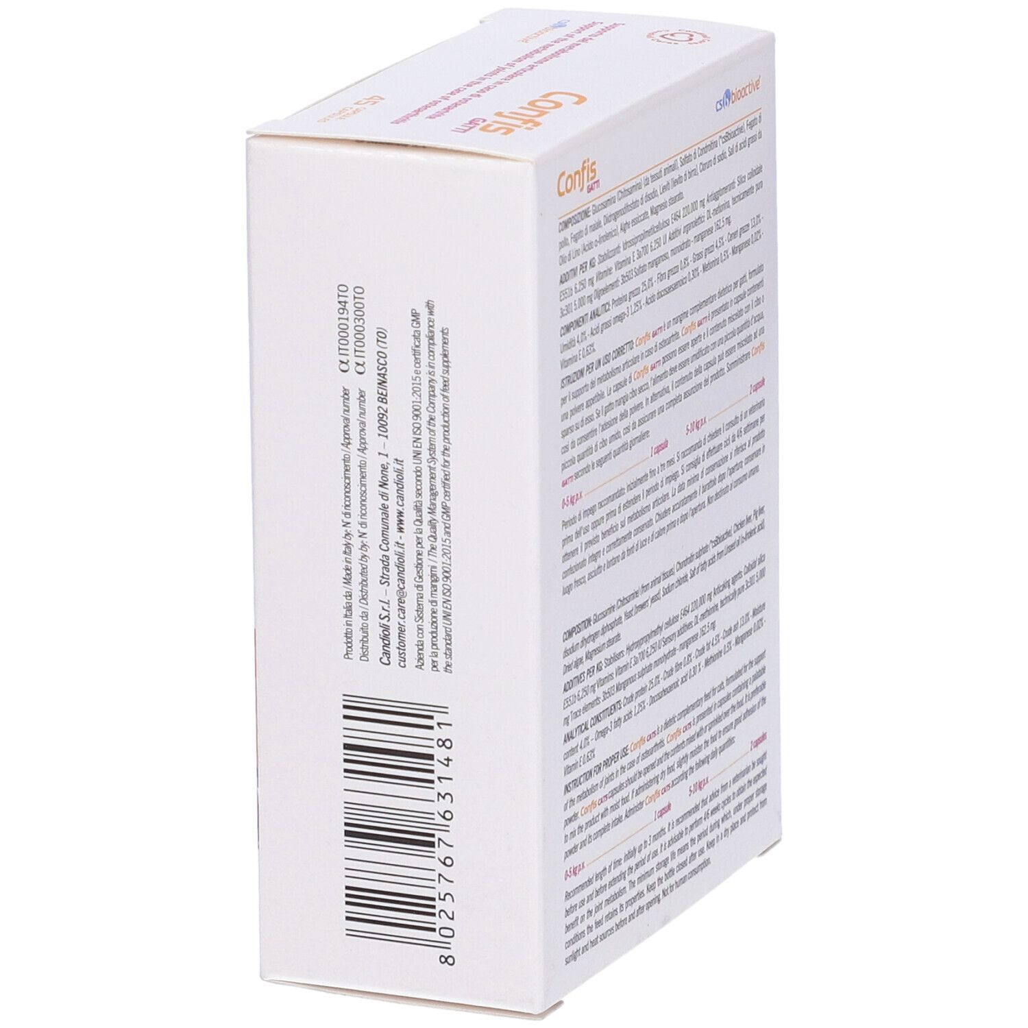 Produktverpackung mit Aufschrift Confis Gatti, 45 Kapseln. Seitenansicht mit Barcode und Herstellerinformationen.