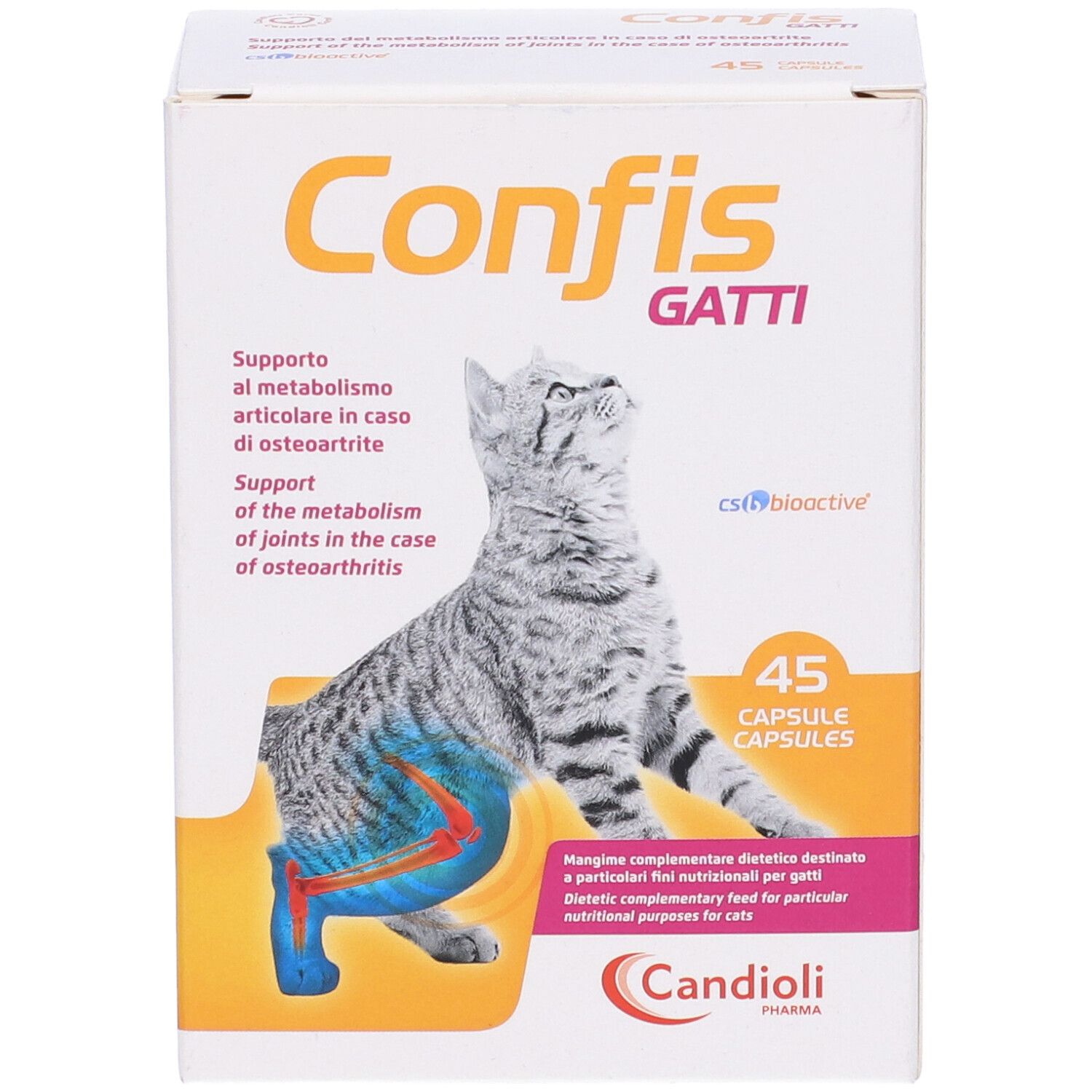 Produktverpackung mit Aufschrift Confis Gatti, 45 Kapseln. Abbildung einer Katze mit hervorgehobenen Gelenken.