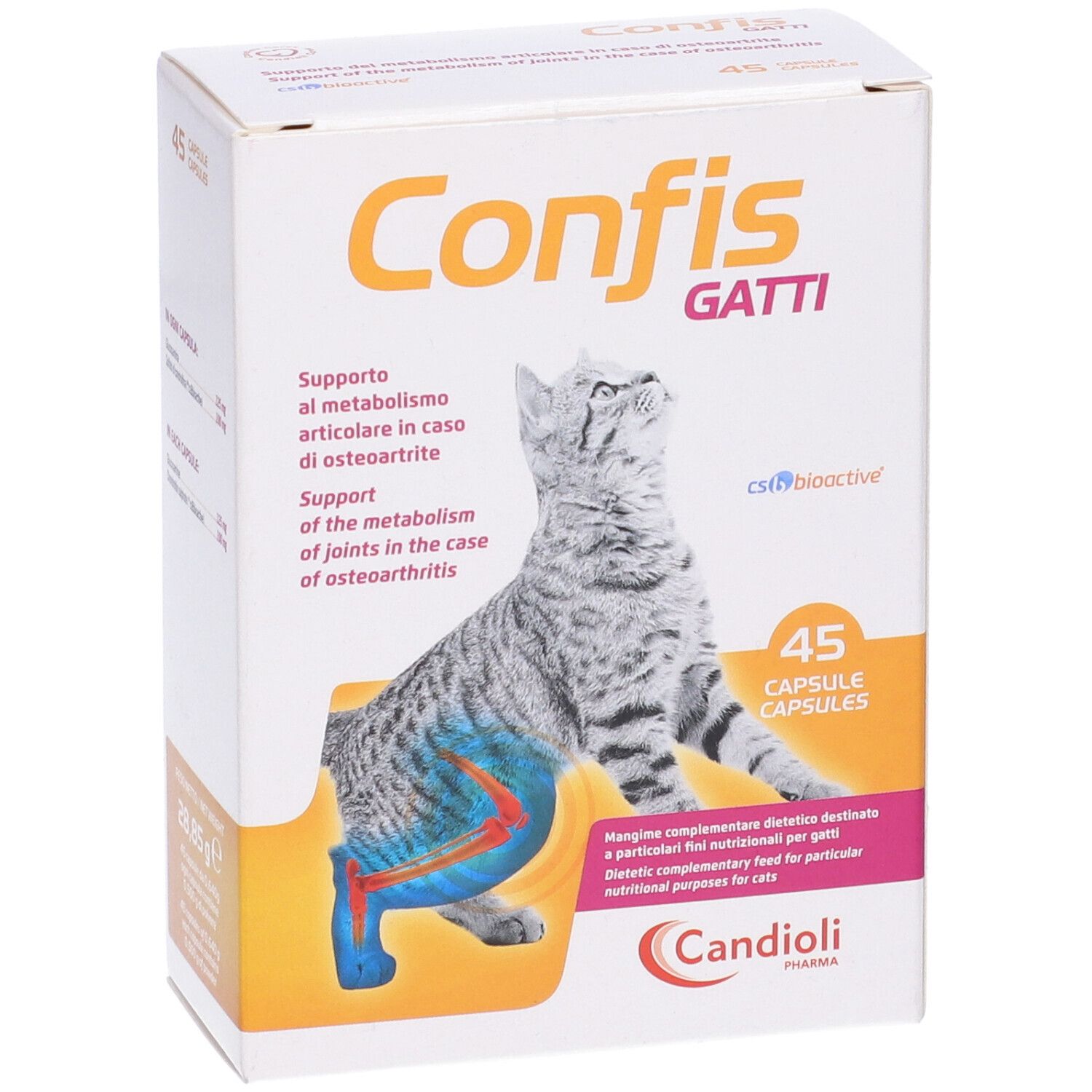 Produktverpackung mit Aufschrift Confis Gatti, 45 Kapseln. Abbildung einer Katze mit hervorgehobenen Gelenken.