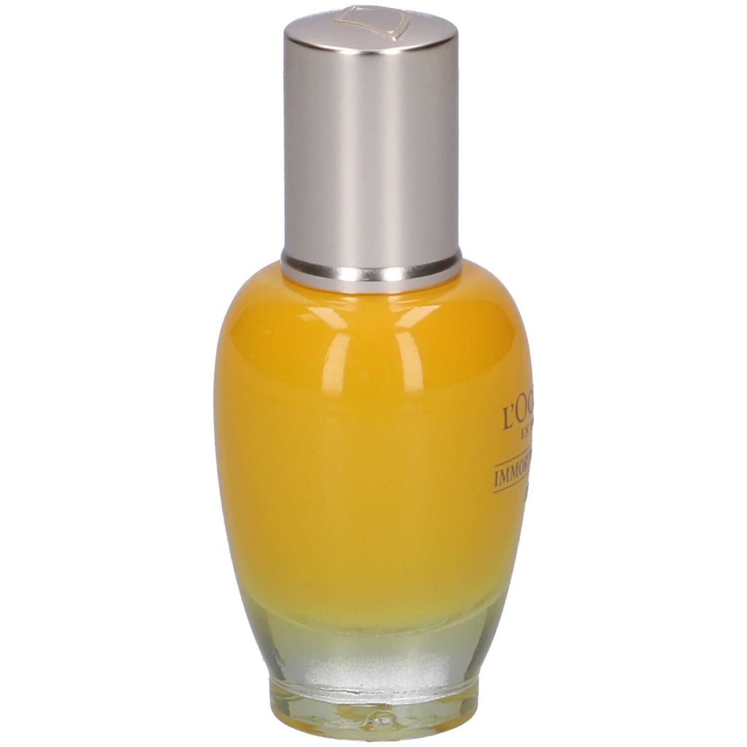 Flacone di siero giallo trasparente con tappo argentato. Scritta: L'Occitane, Immortelle Divine Serum.