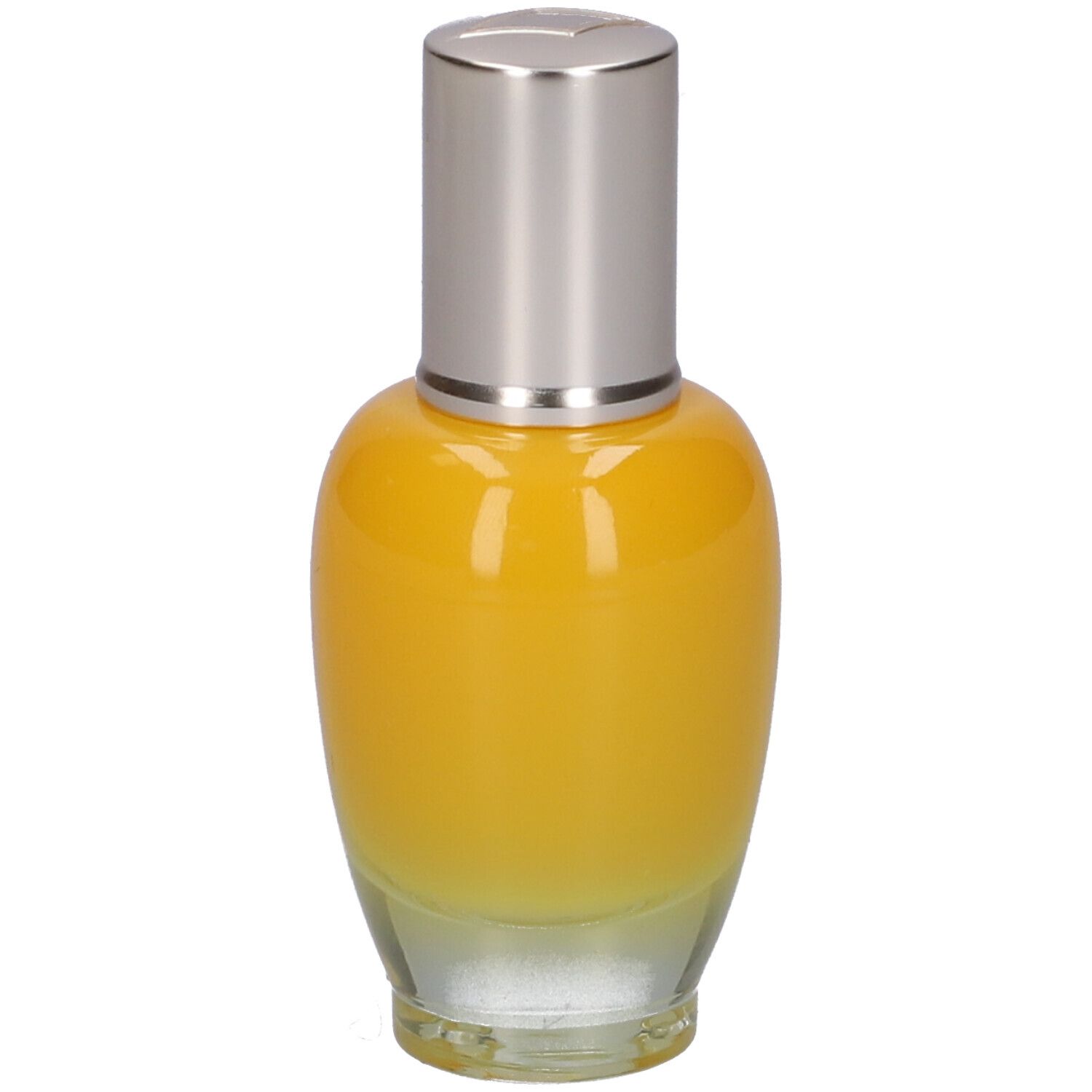 Flacone di siero giallo trasparente con tappo argentato. Scritta: L'Occitane, Immortelle Divine Serum.