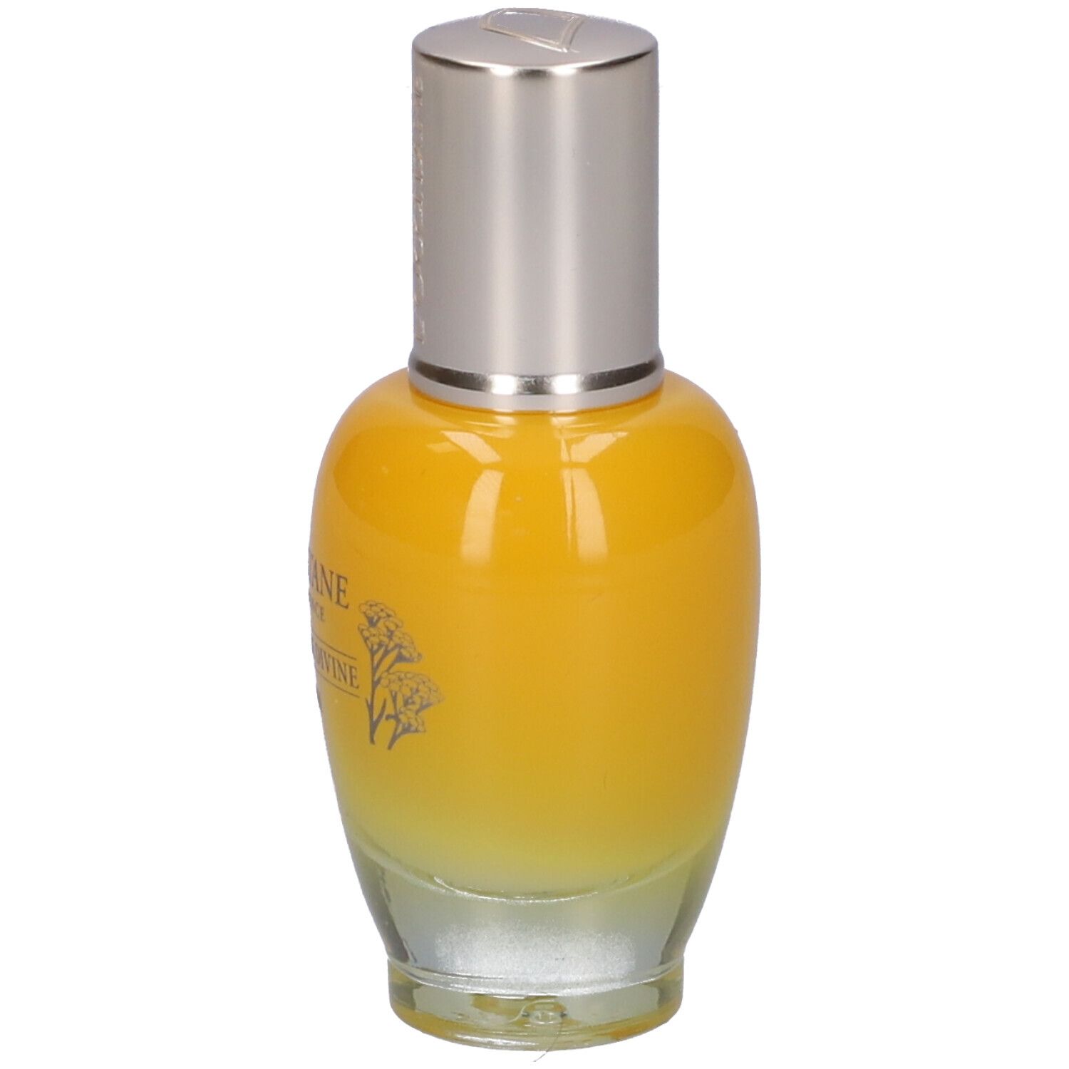 Flacone di siero giallo trasparente con tappo argentato. Scritta: L'Occitane, Immortelle Divine Serum.
