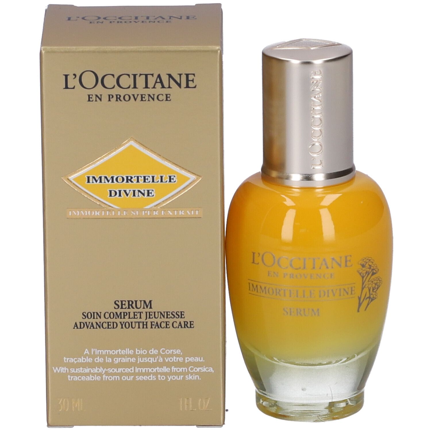 Flacone di siero e scatola. Scritta: L'Occitane, Immortelle Divine Serum. Scatola: Soin Complet Jeunesse.