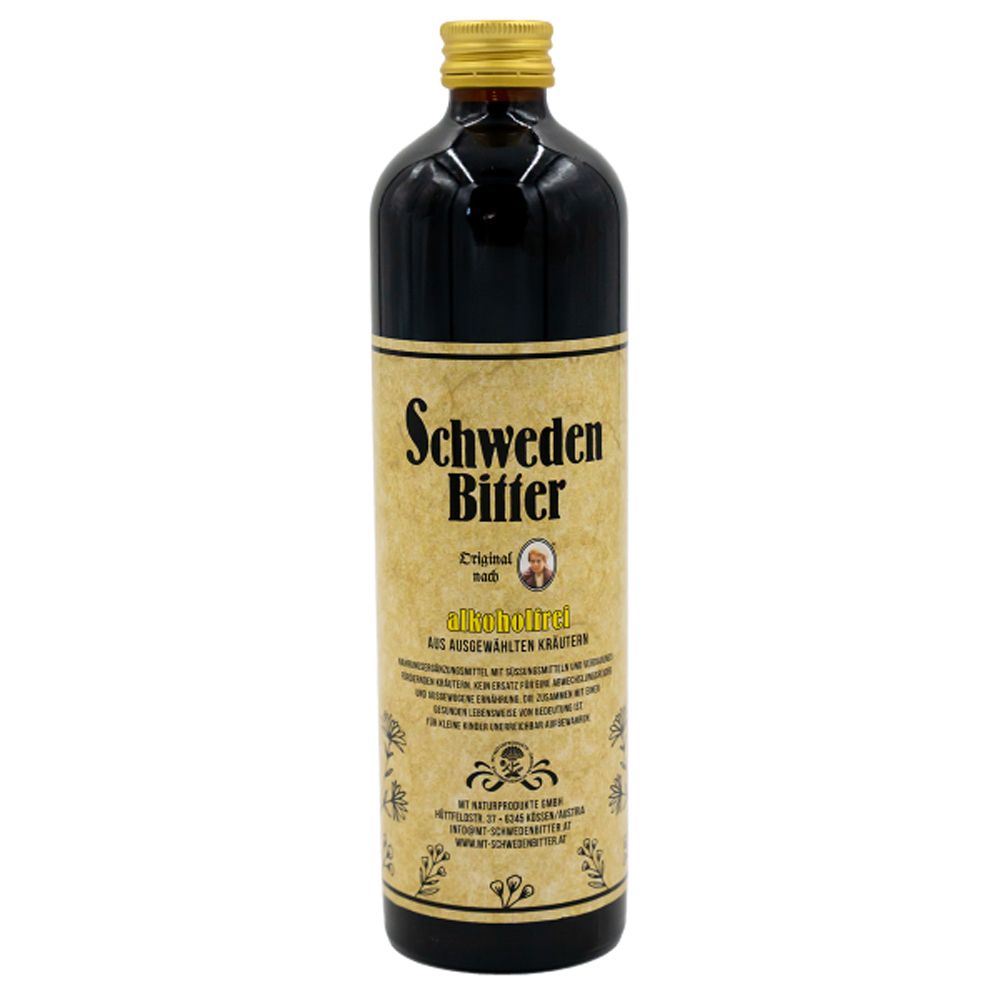 Dunkle Glasflasche Schweden Bitter Original, alkoholfrei, mit Etikett und goldenem Verschluss.