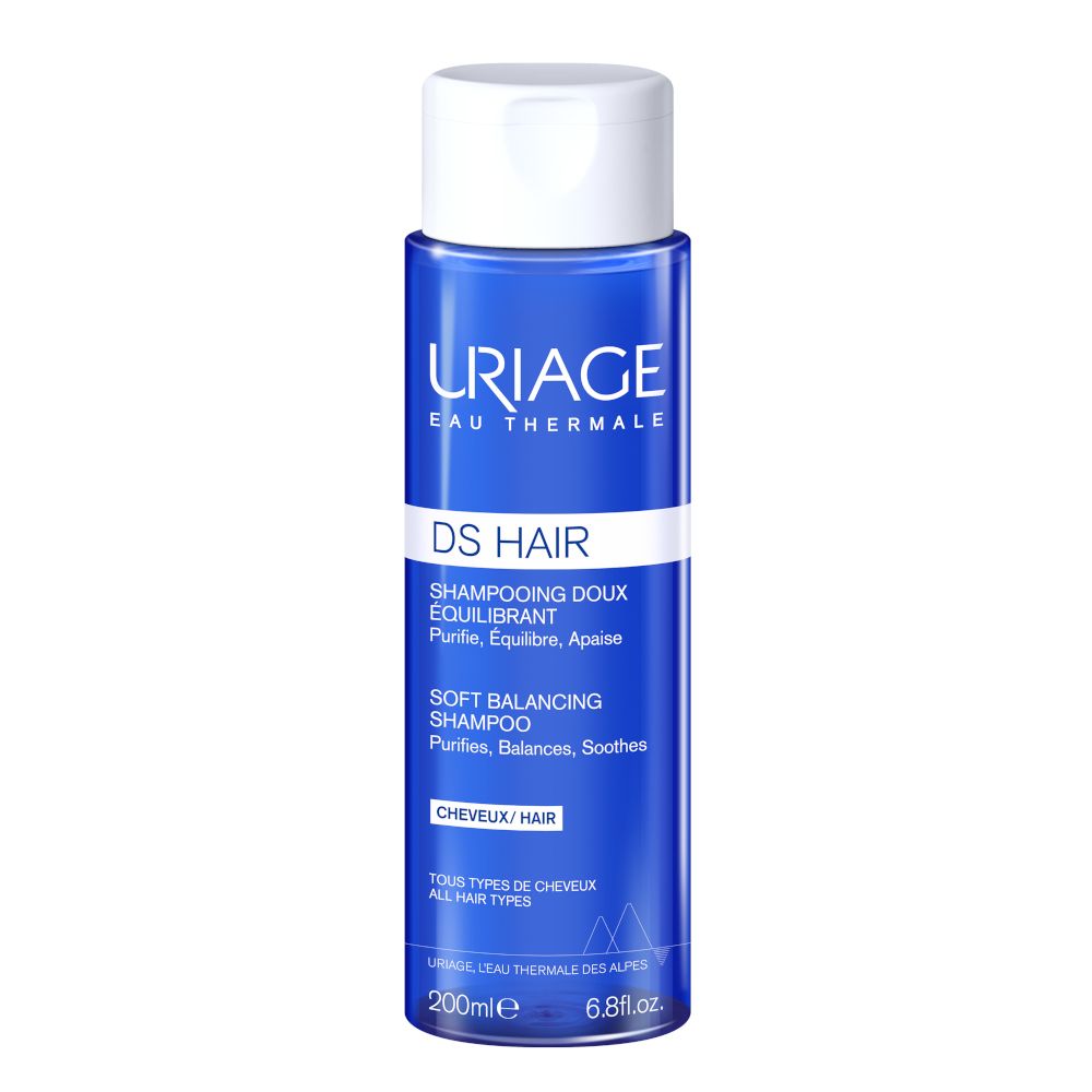 Blaue Flasche mit weißem Deckel. Aufschrift: URIAGE, DS HAIR, Shampooing Doux Équilibrant. 200ml.
