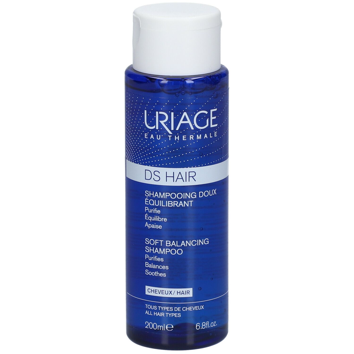 Blaue Flasche mit weißem Deckel. Aufschrift: URIAGE, DS HAIR, Shampooing Doux Équilibrant. 200ml.