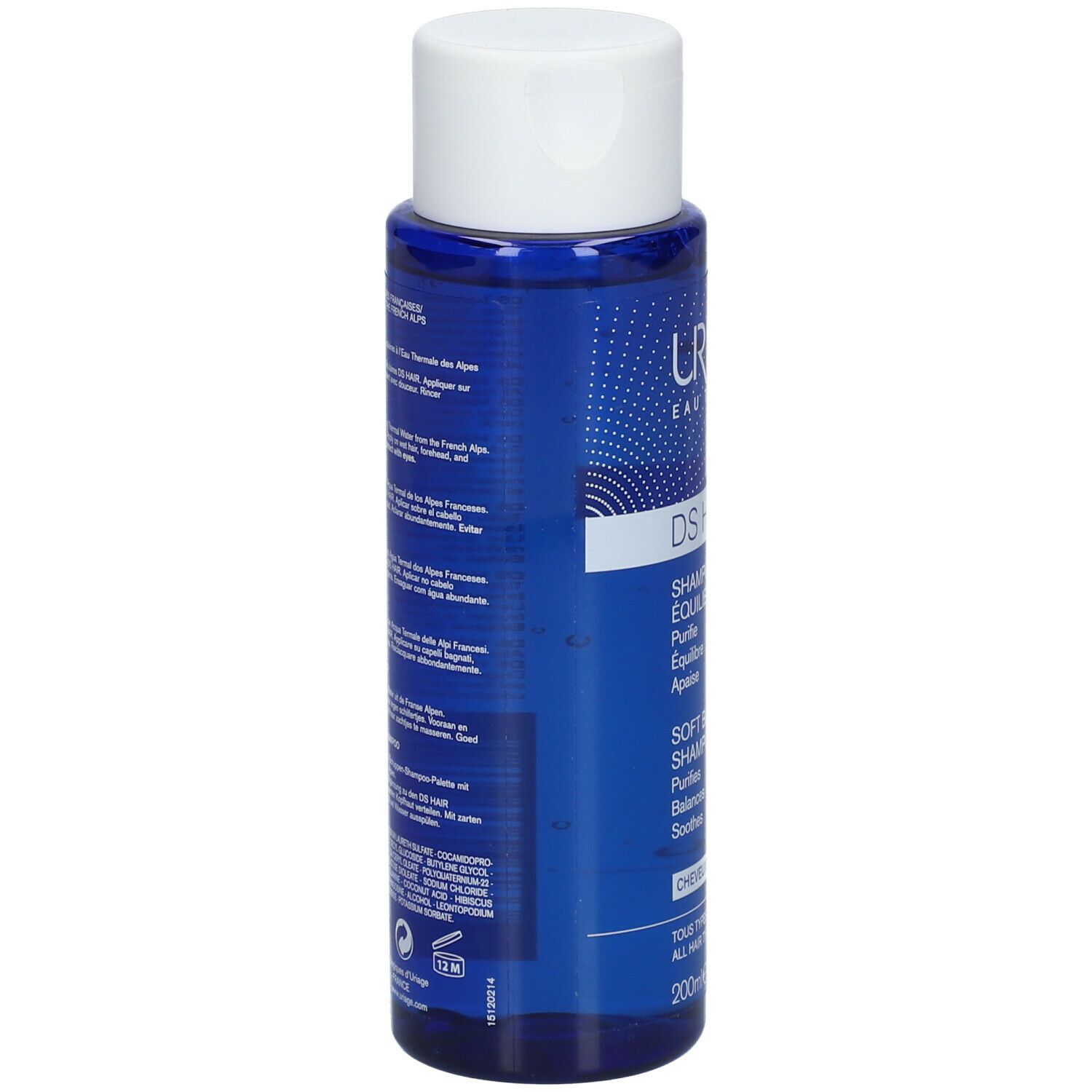 Rückseite der blauen Flasche mit weißem Deckel. Text in mehreren Sprachen. Herstellerinformationen.