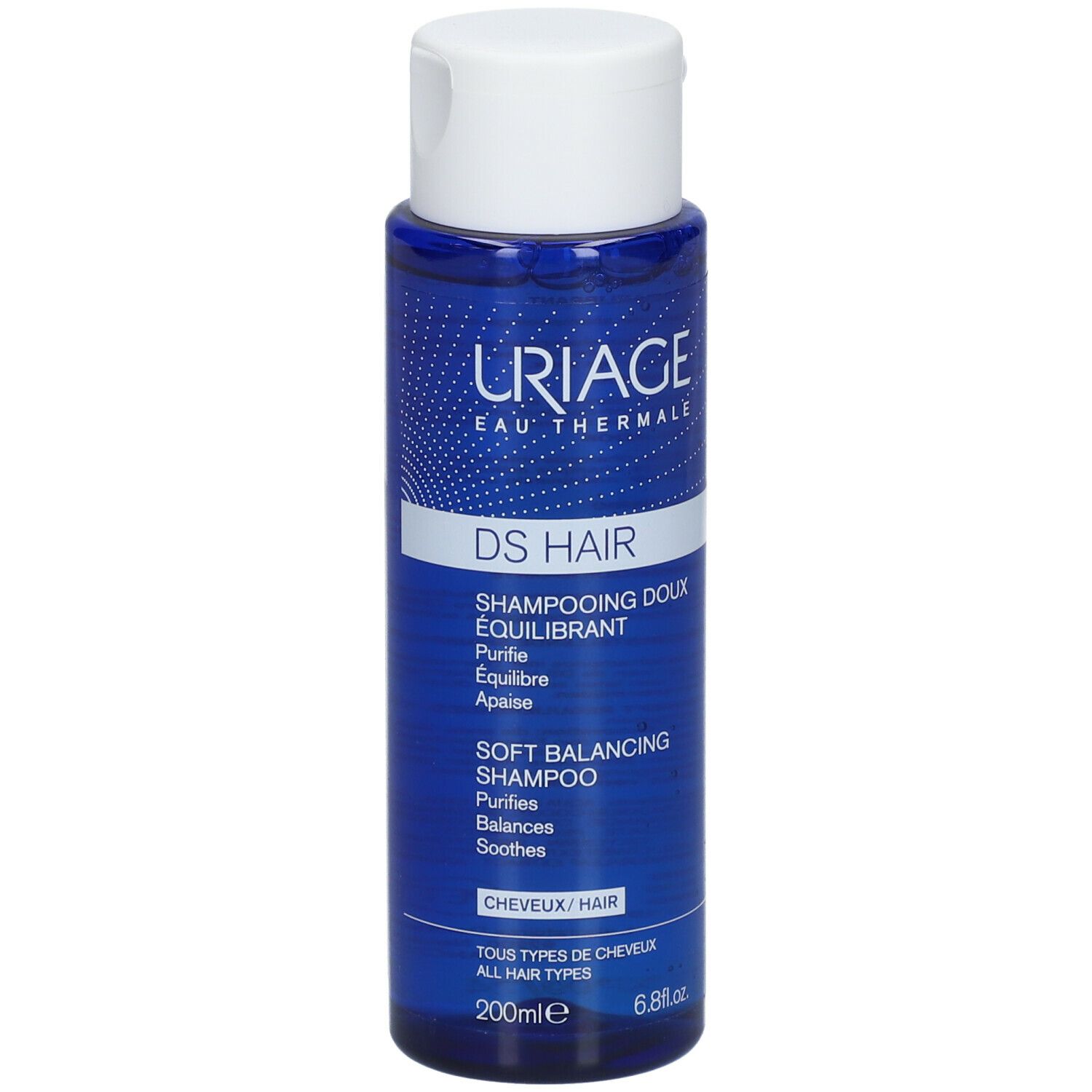 Blaue Flasche mit weißem Deckel. Aufschrift: URIAGE, DS HAIR, Shampooing Doux Équilibrant. 200ml.