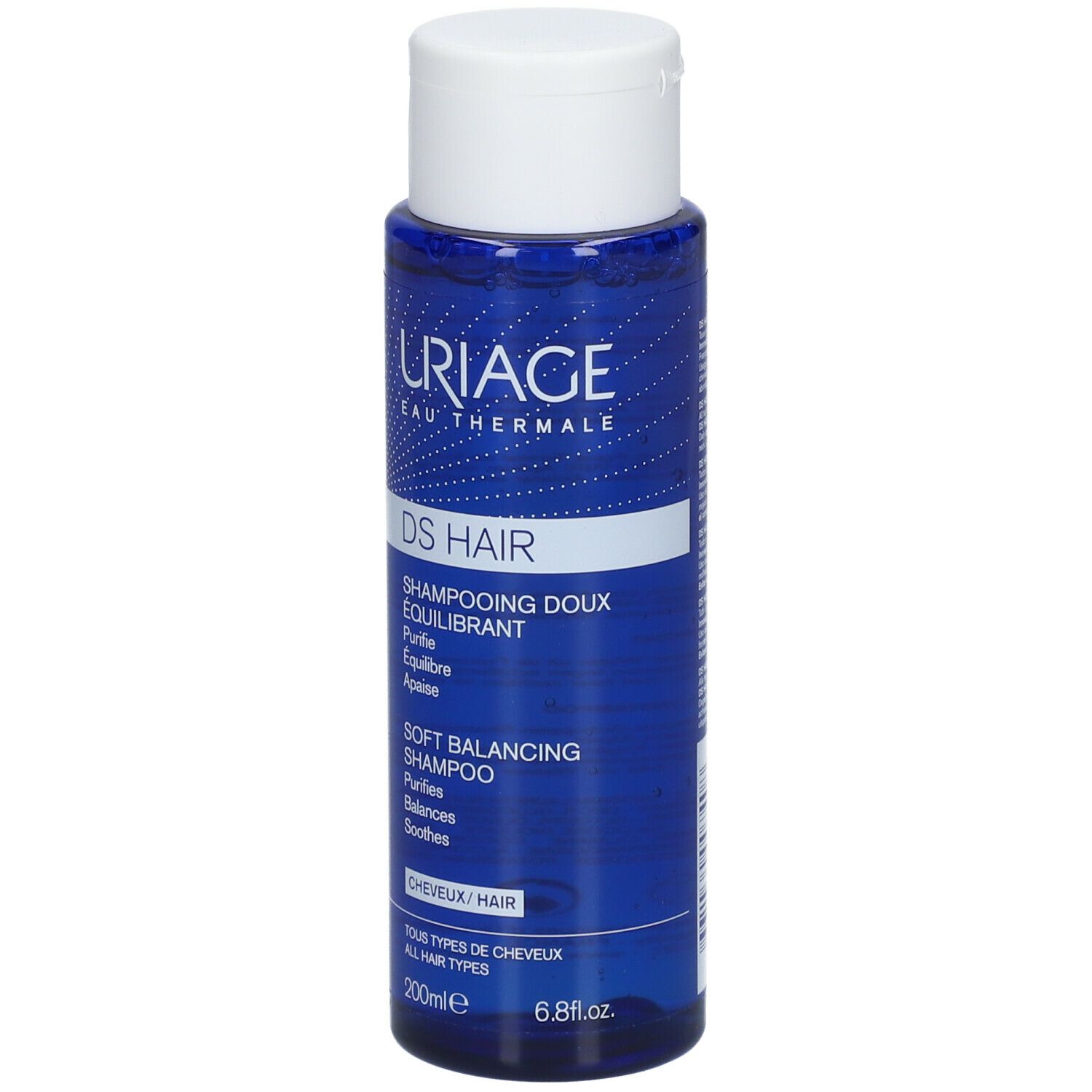 Blaue Flasche mit weißem Deckel. Aufschrift: URIAGE, DS HAIR, Shampooing Doux Équilibrant. 200ml.